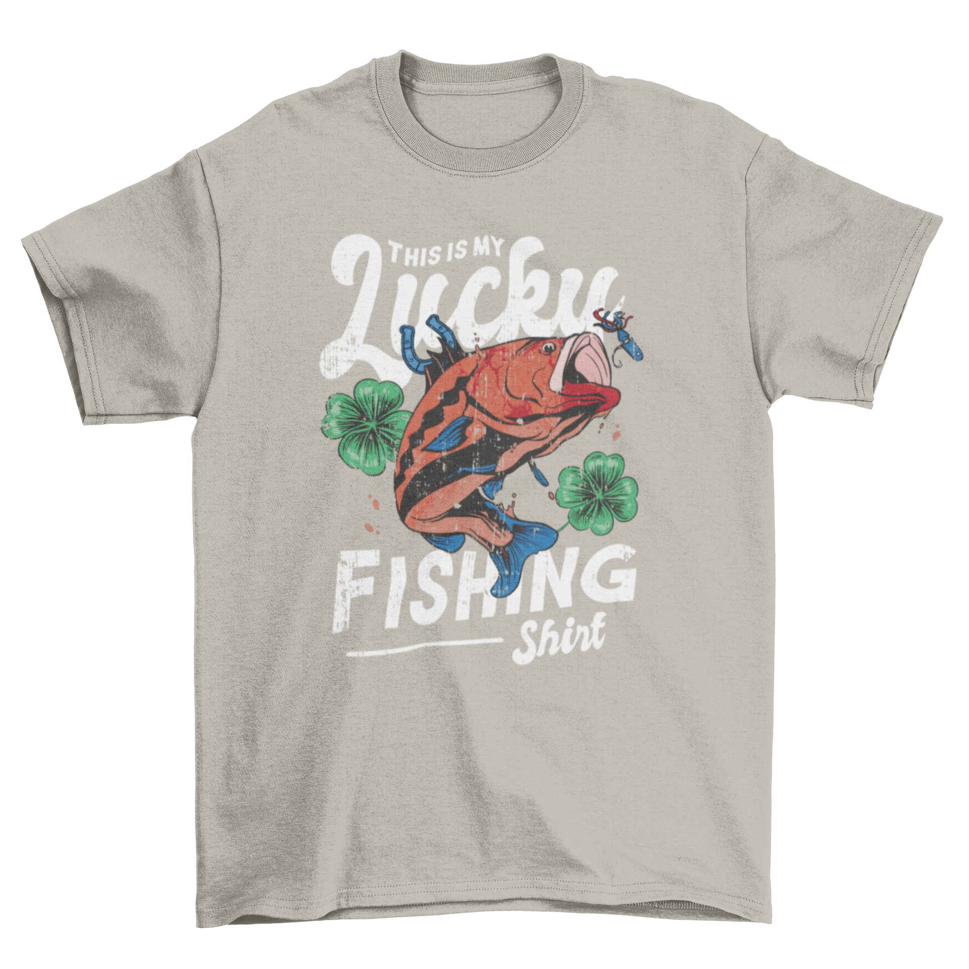 Lucky fishing t-shirt featuring a fish graphic and shamrocks with the quote 'This is my lucky fishing shirt'.