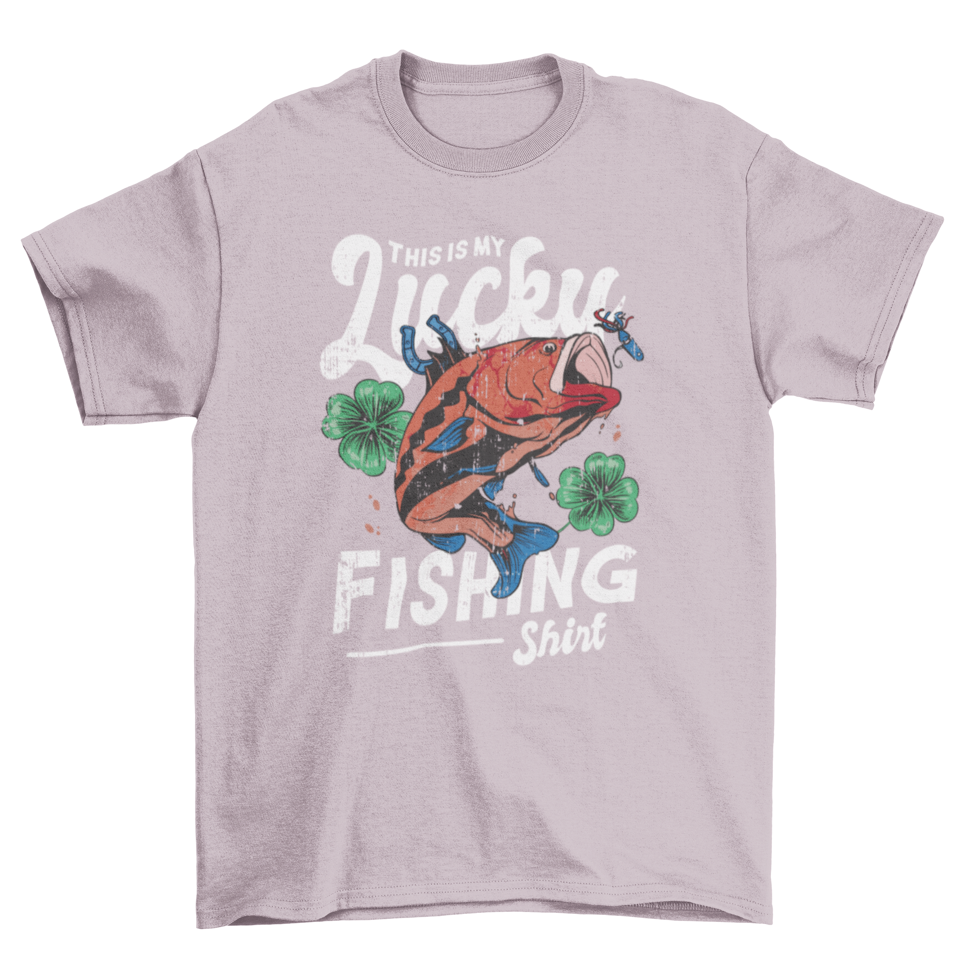 Lucky fishing t-shirt featuring a fish graphic and shamrocks with the quote 'This is my lucky fishing shirt'.