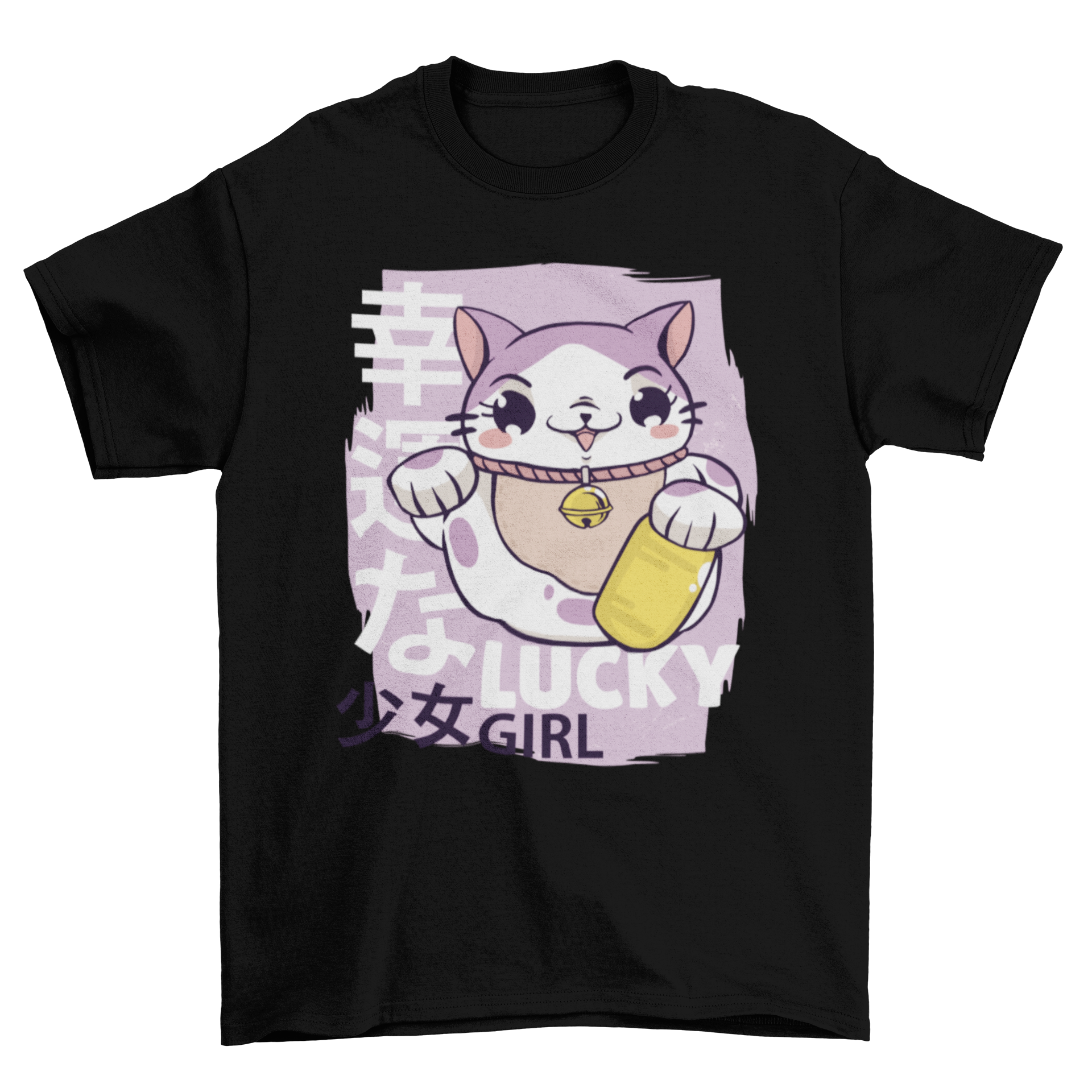 Lucky Girl T-shirt featuring a cartoon Maneki Neko cat illustration with Japanese letters.