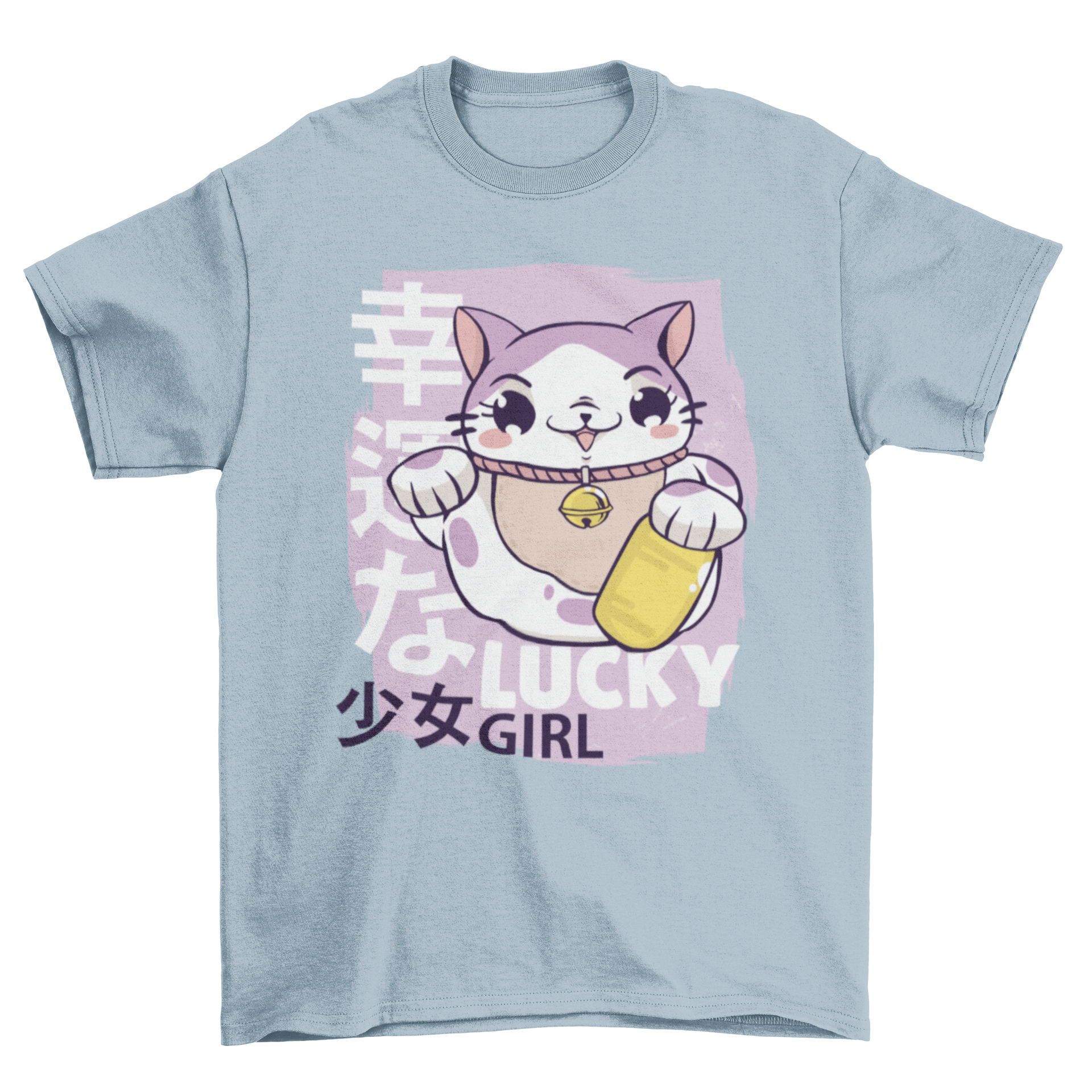 Lucky Girl T-shirt featuring a cartoon Maneki Neko cat illustration with Japanese letters.