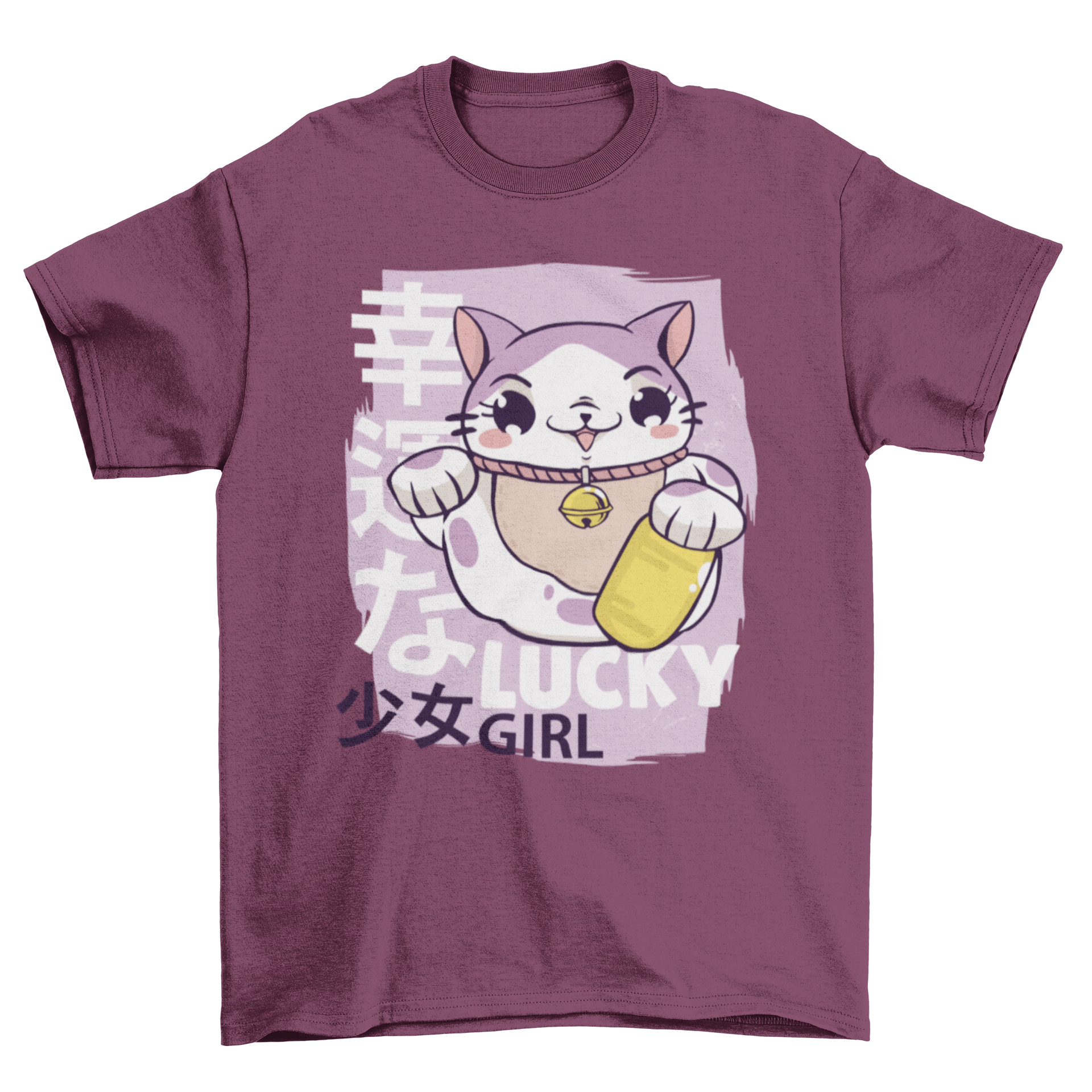 Lucky Girl T-shirt featuring a cartoon Maneki Neko cat illustration with Japanese letters.