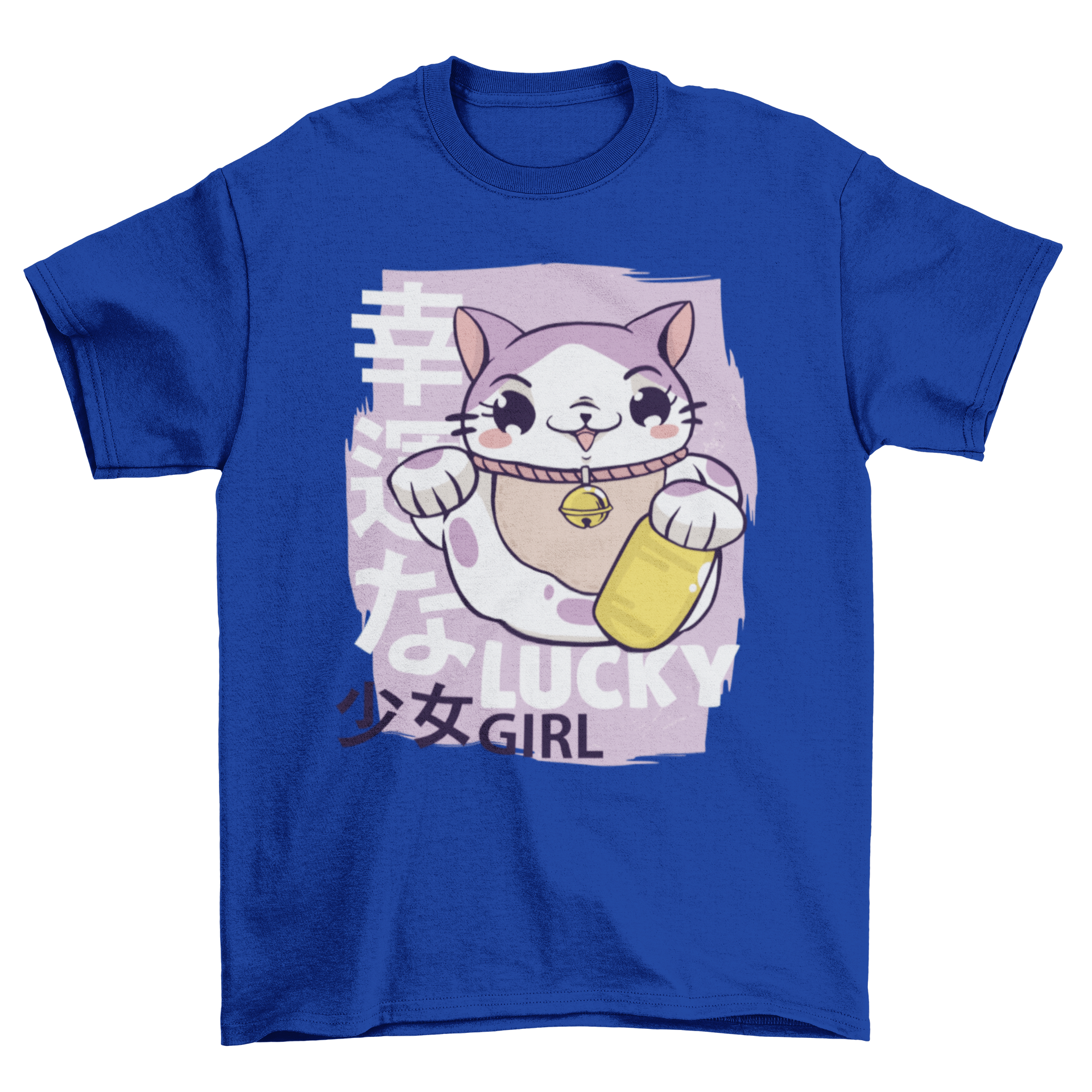 Lucky Girl T-shirt featuring a cartoon Maneki Neko cat illustration with Japanese letters.