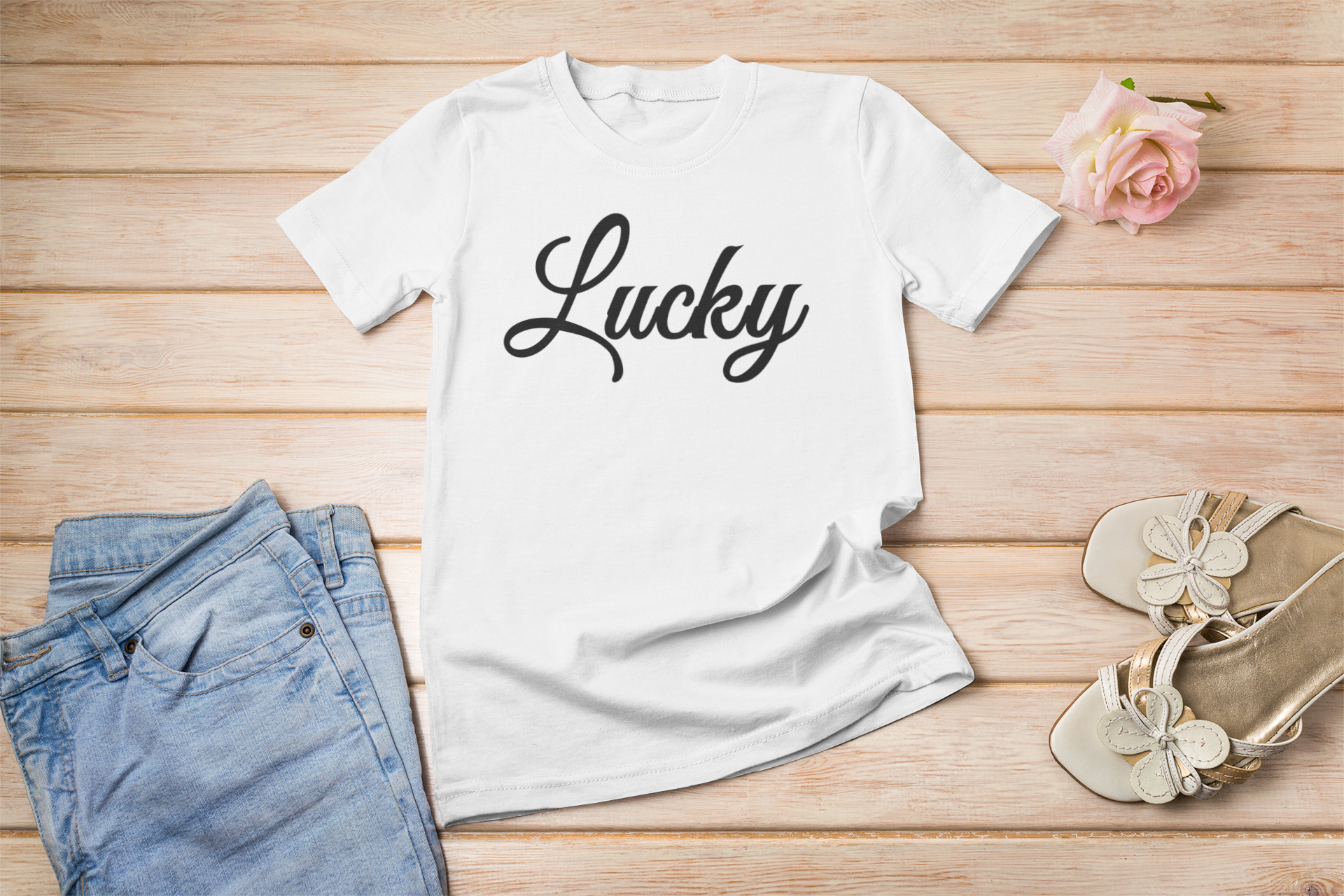 A stylish unisex Lucky Lettering T-shirt featuring unique lettering design, perfect for casual wear.