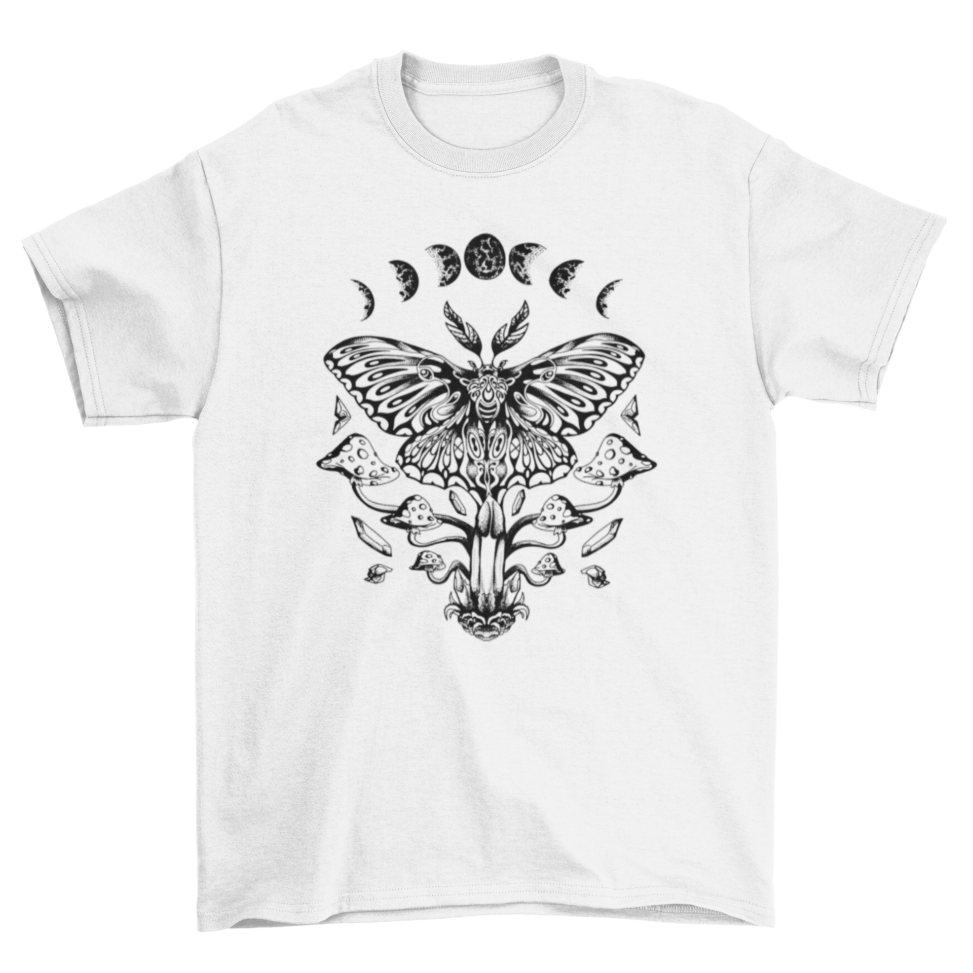 A stylish Luna Moth T-Shirt featuring a detailed illustration of a luna moth surrounded by vibrant mushrooms.