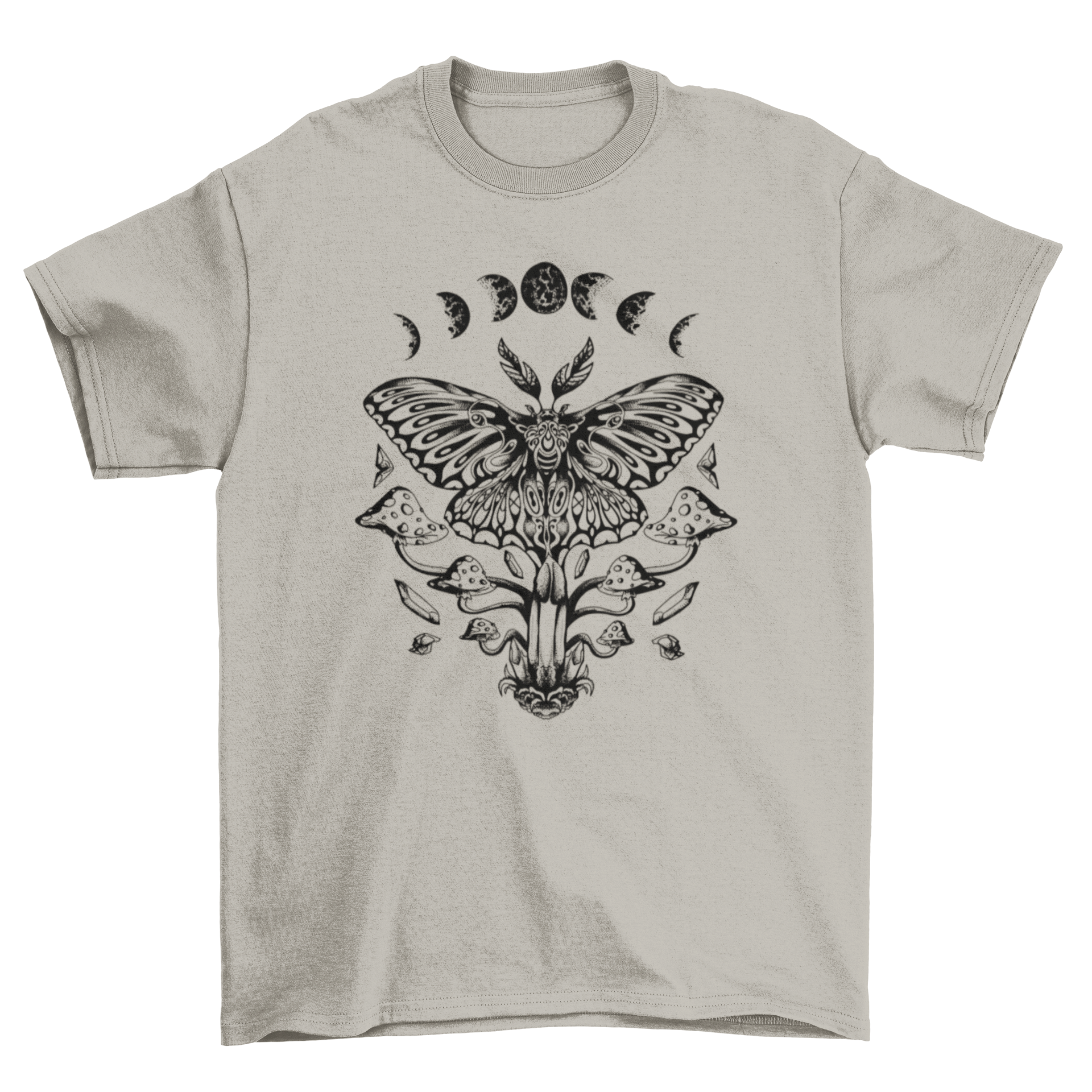 A stylish Luna Moth T-Shirt featuring a detailed illustration of a luna moth surrounded by vibrant mushrooms.