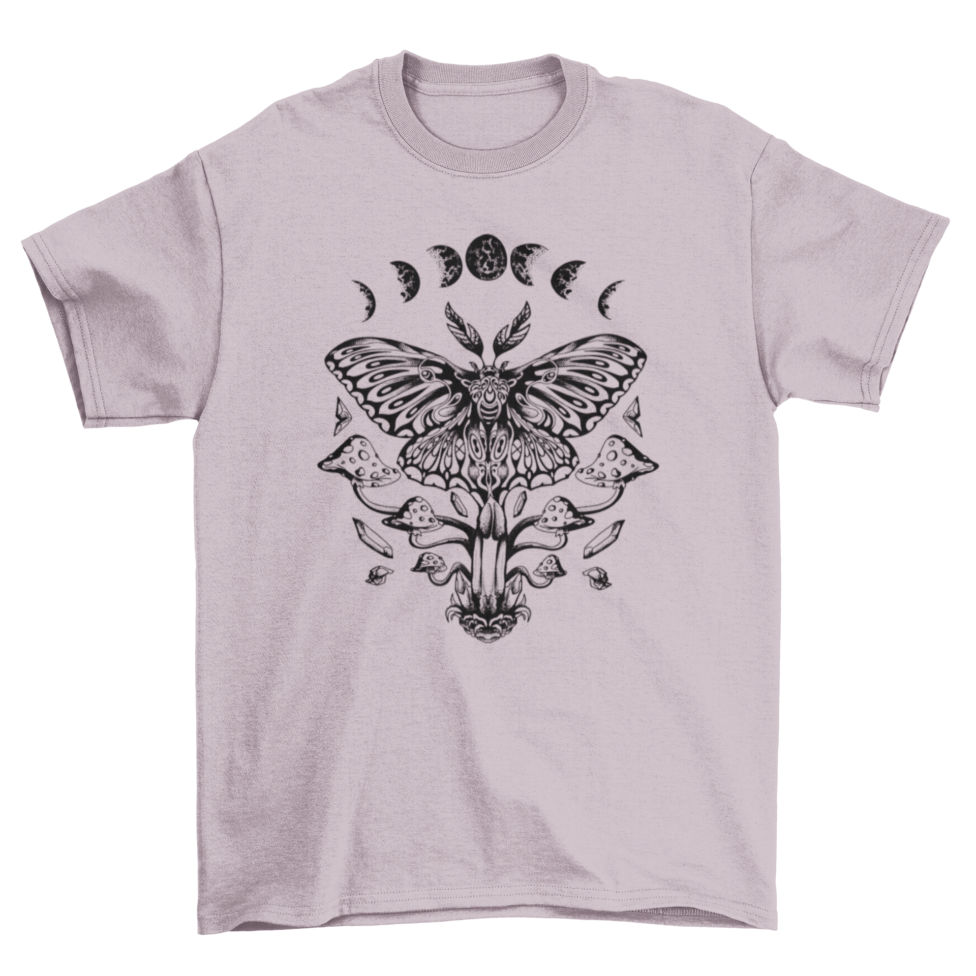 A stylish Luna Moth T-Shirt featuring a detailed illustration of a luna moth surrounded by vibrant mushrooms.