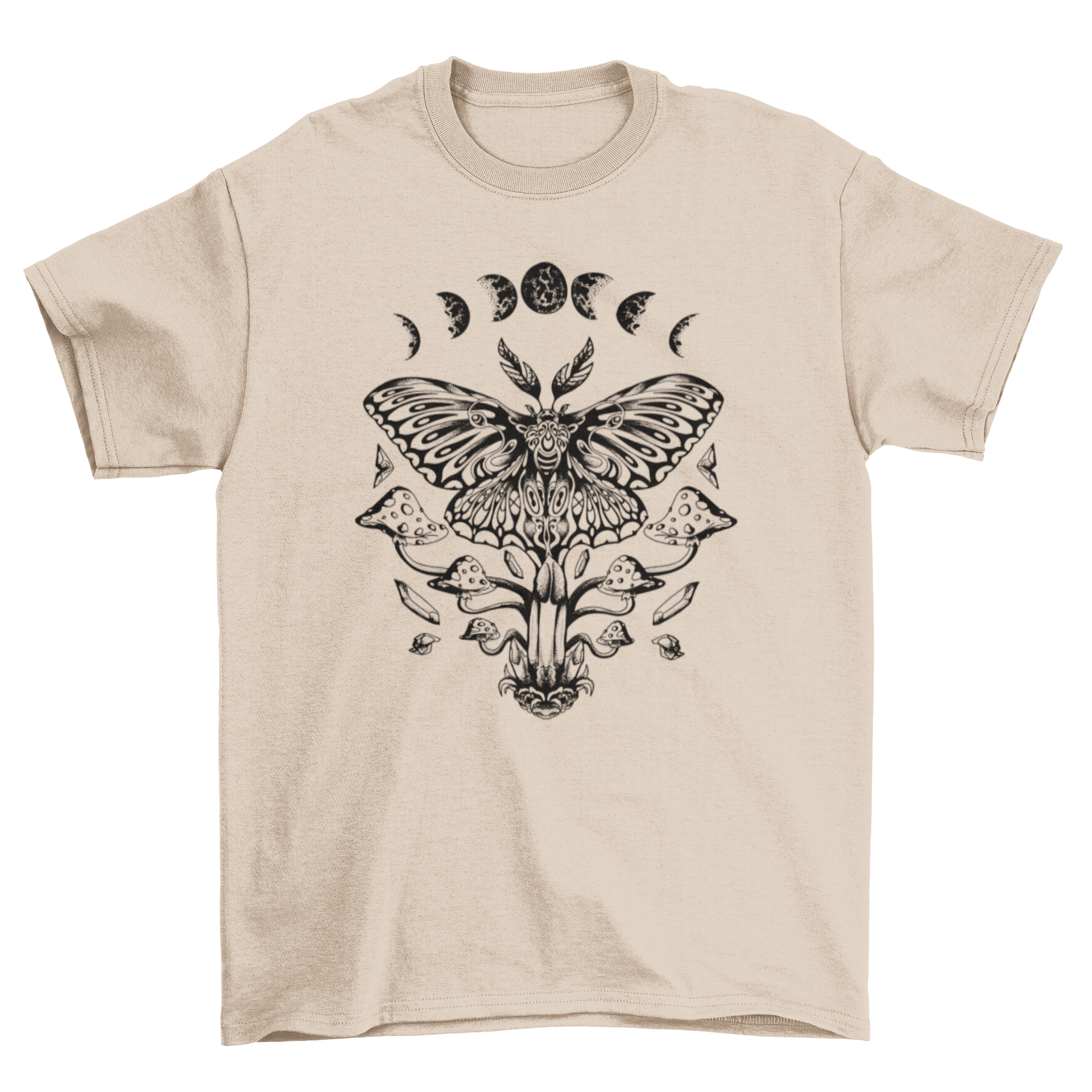 A stylish Luna Moth T-Shirt featuring a detailed illustration of a luna moth surrounded by vibrant mushrooms.