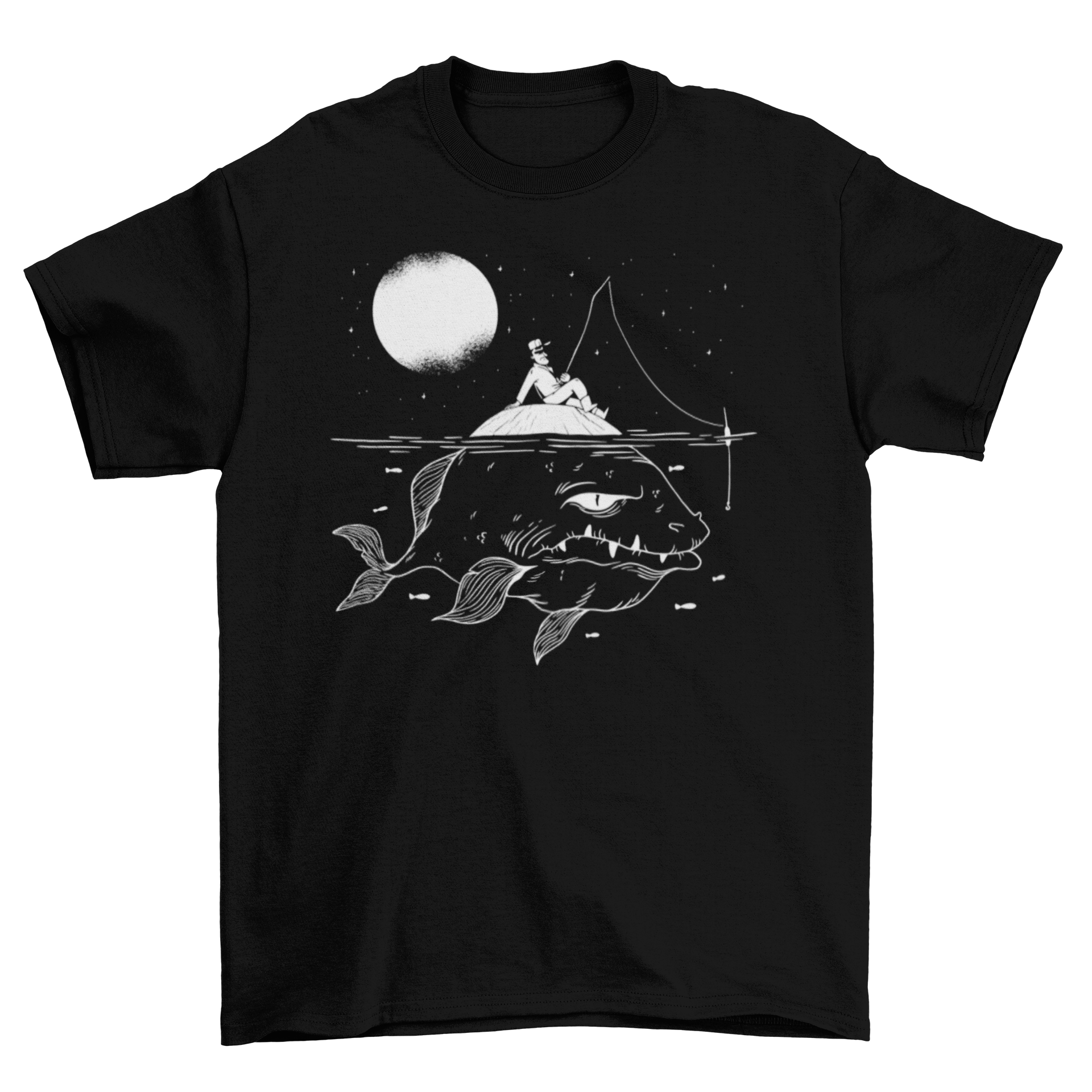 Lurking Fish T-shirt featuring a fisherman and a giant monster fish illustration, showcasing a unique outdoor theme.