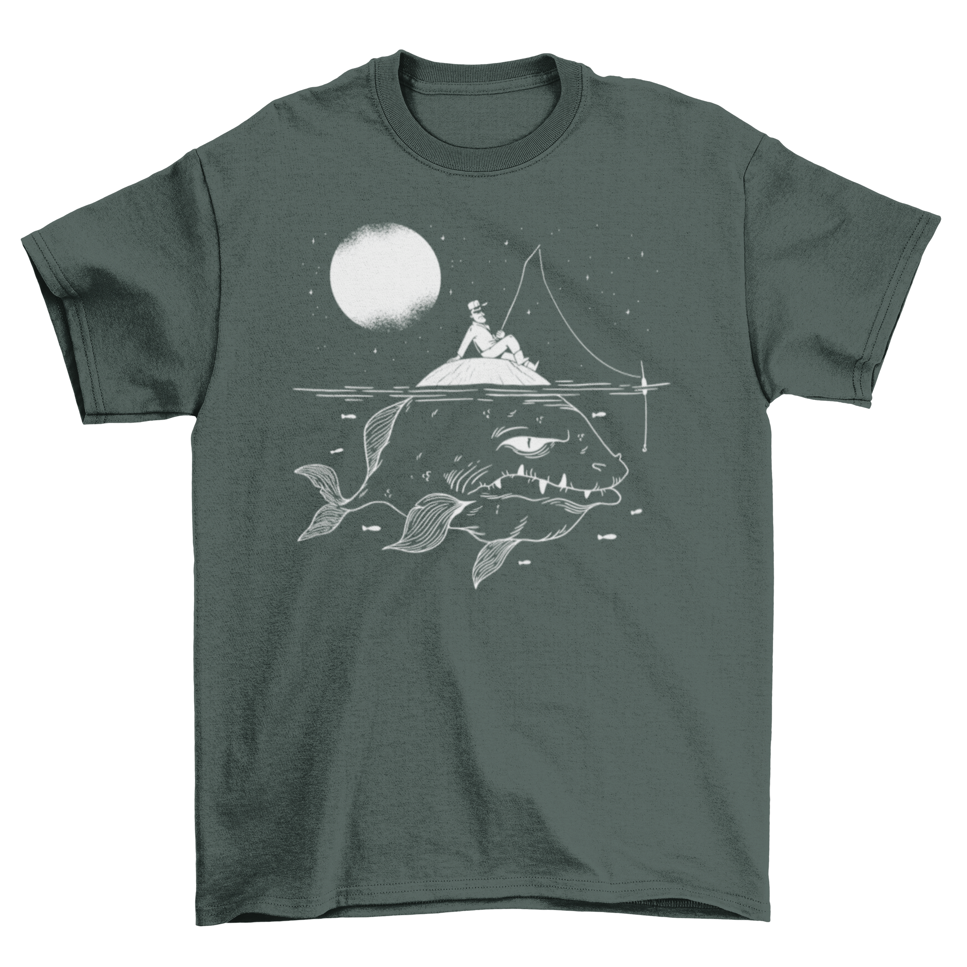 Lurking Fish T-shirt featuring a fisherman and a giant monster fish illustration, showcasing a unique outdoor theme.