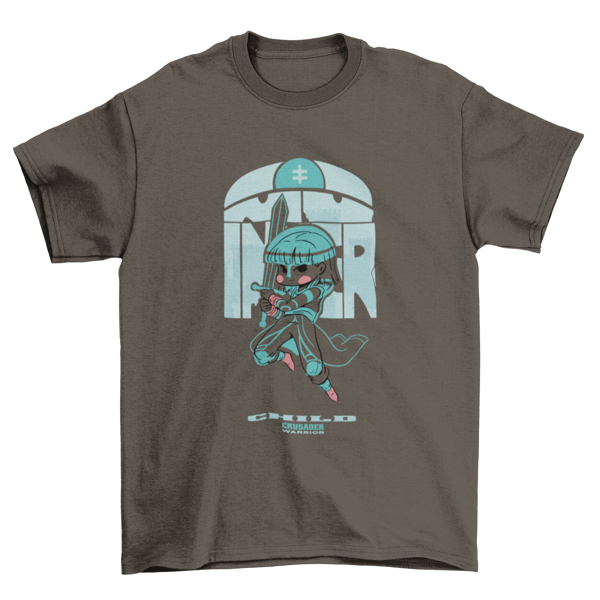 Mad Warrior T-shirt featuring a fierce kid in warrior attire holding a sword, showcasing a vibrant and adventurous design.