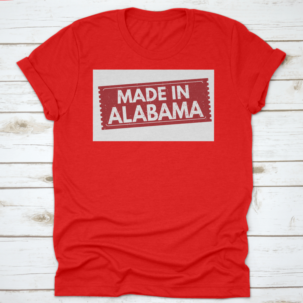 A vibrant grunge red rubber stamp vector illustration design featuring the phrase 'Made In Alabama', showcasing Southern pride.