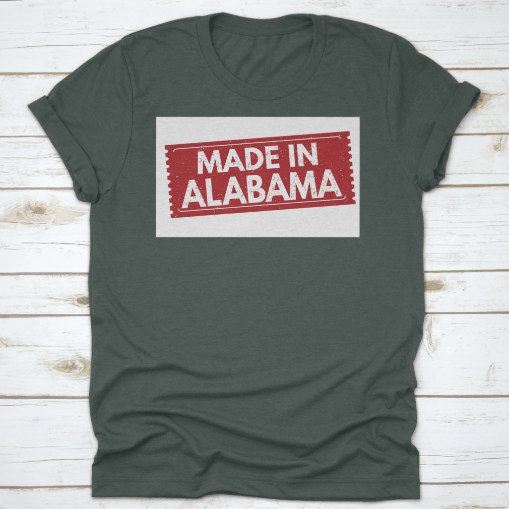 A vibrant grunge red rubber stamp vector illustration design featuring the phrase 'Made In Alabama', showcasing Southern pride.