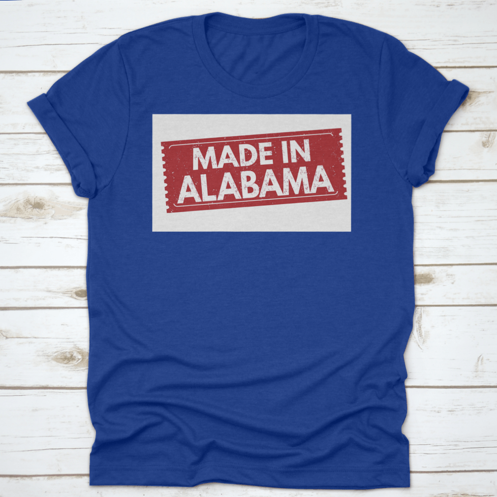 A vibrant grunge red rubber stamp vector illustration design featuring the phrase 'Made In Alabama', showcasing Southern pride.