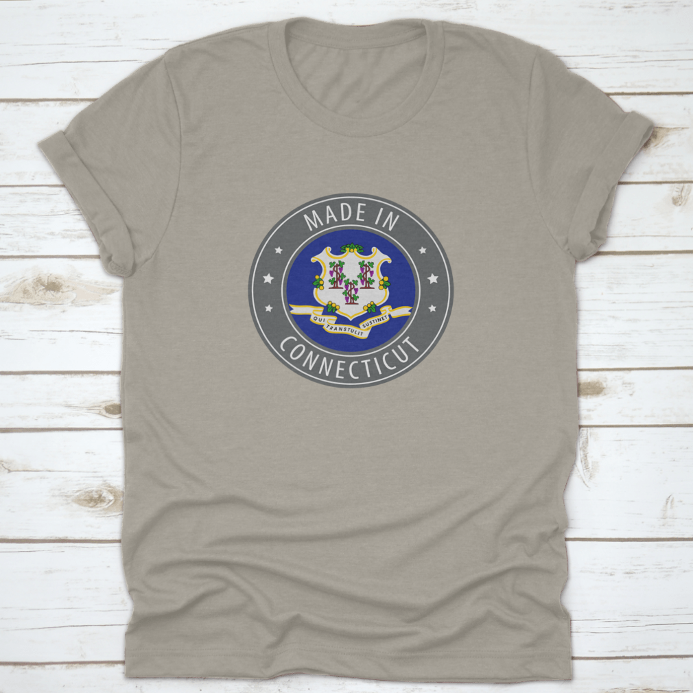 Gray shirt featuring the Connecticut state flag and an iconic stamp design, made from soft cotton fabric.