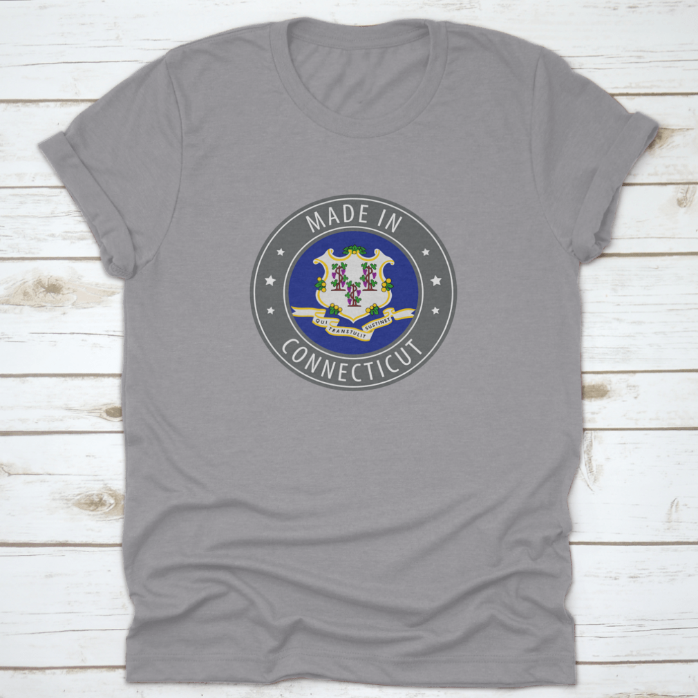 Gray shirt featuring the Connecticut state flag and an iconic stamp design, made from soft cotton fabric.