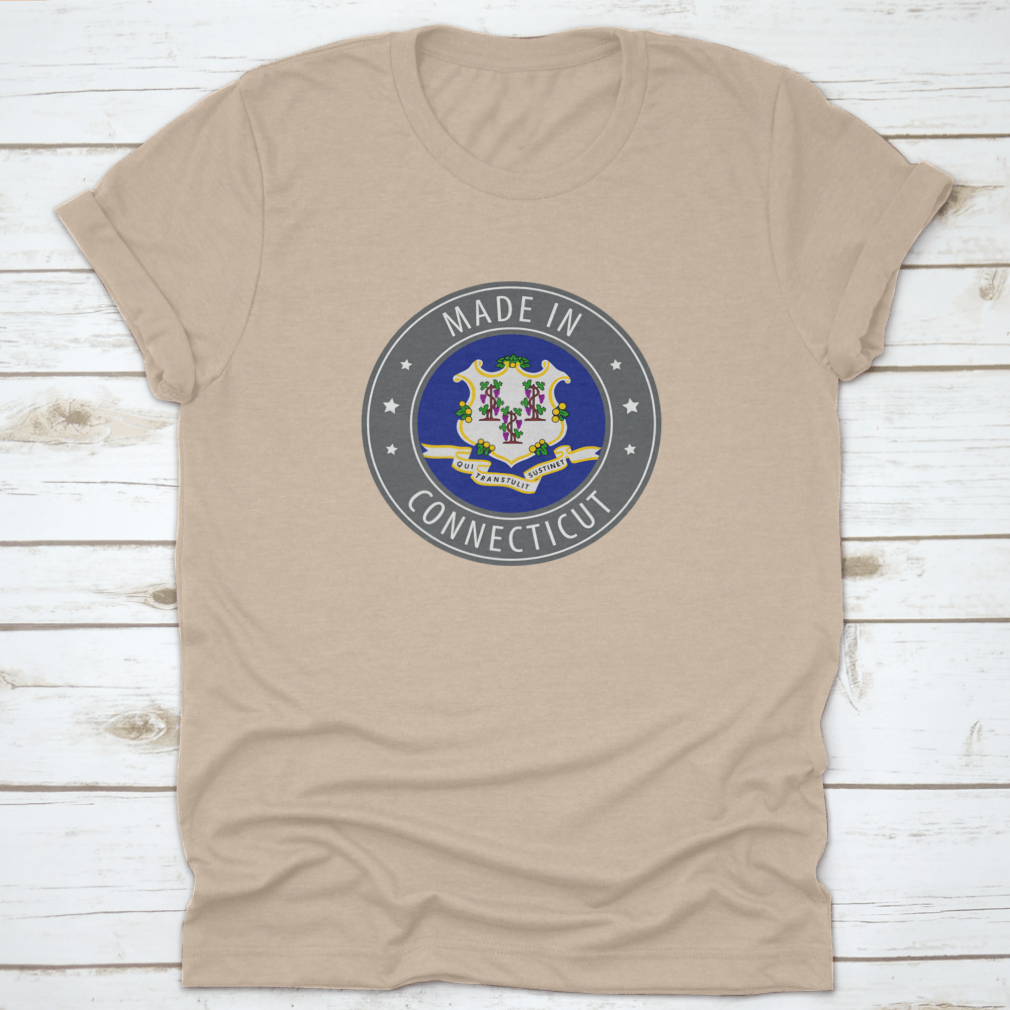 Gray shirt featuring the Connecticut state flag and an iconic stamp design, made from soft cotton fabric.