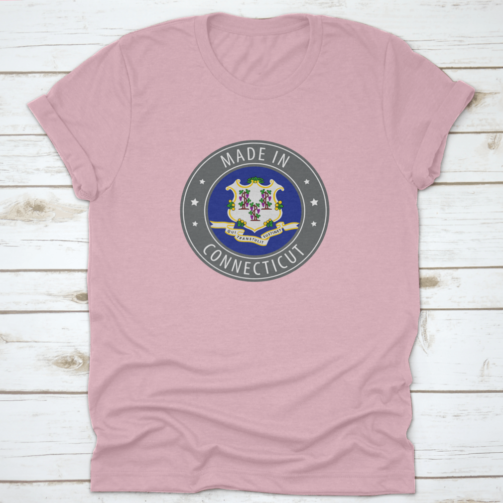 Gray shirt featuring the Connecticut state flag and an iconic stamp design, made from soft cotton fabric.