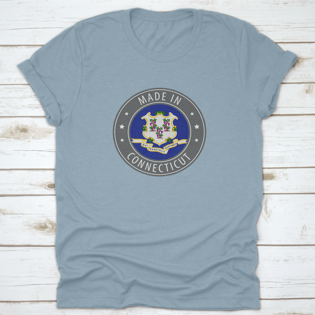 Gray shirt featuring the Connecticut state flag and an iconic stamp design, made from soft cotton fabric.