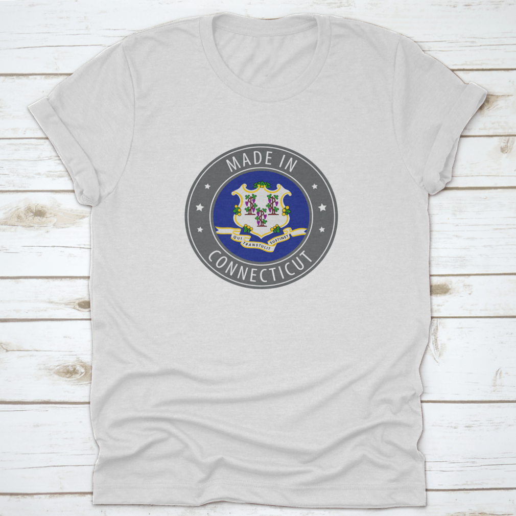 Gray shirt featuring the Connecticut state flag and an iconic stamp design, made from soft cotton fabric.