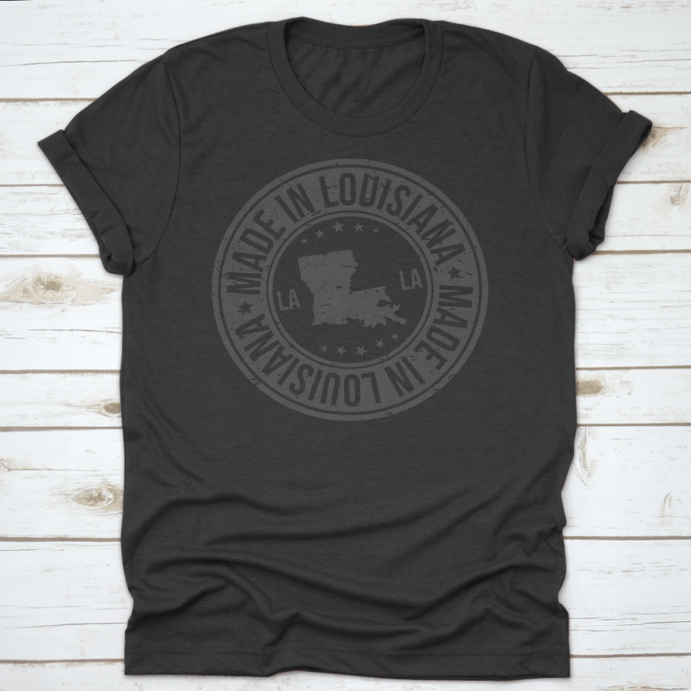 A vintage-style shirt featuring a high-quality stamp design representing Louisiana, made from soft cotton fabric.