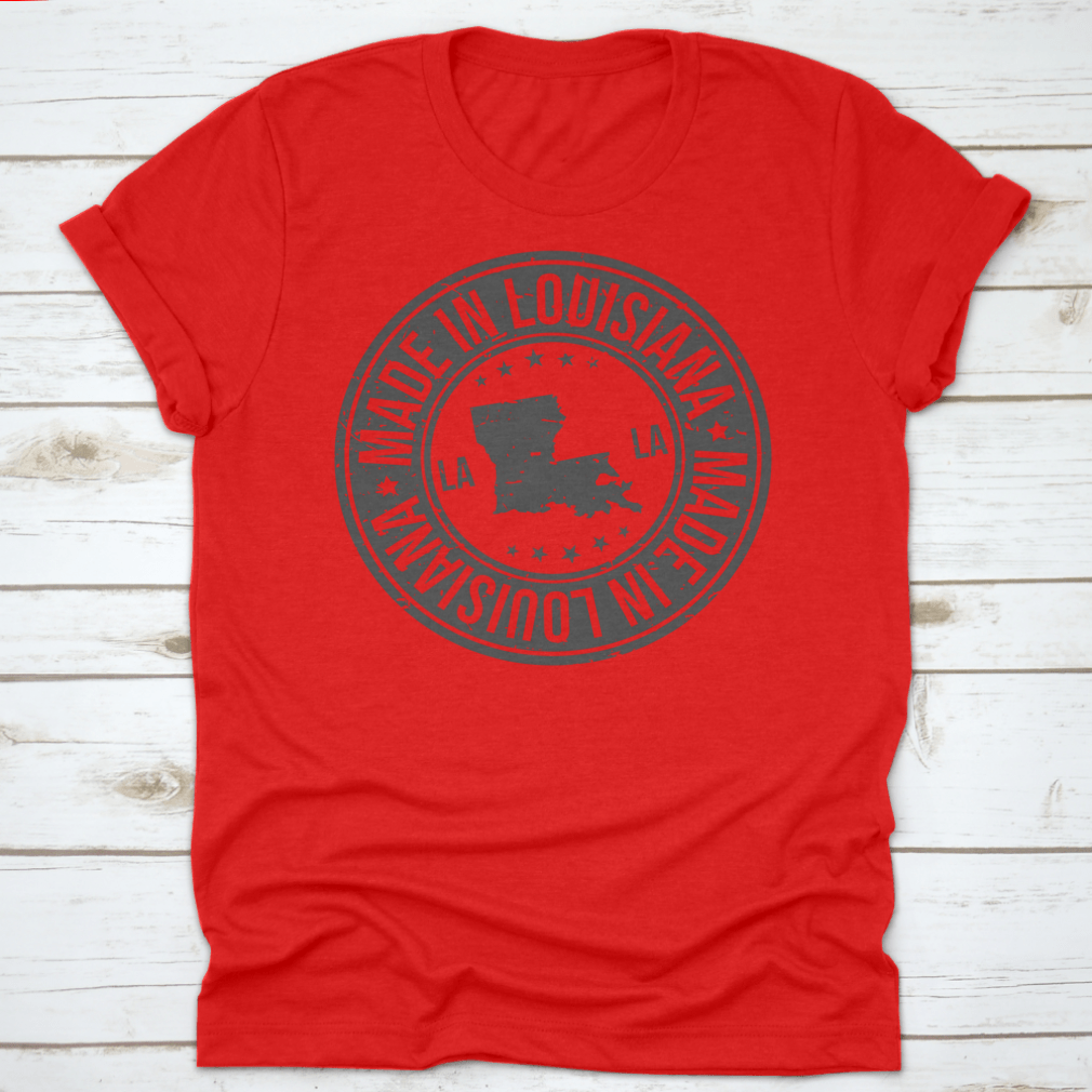 A vintage-style shirt featuring a high-quality stamp design representing Louisiana, made from soft cotton fabric.