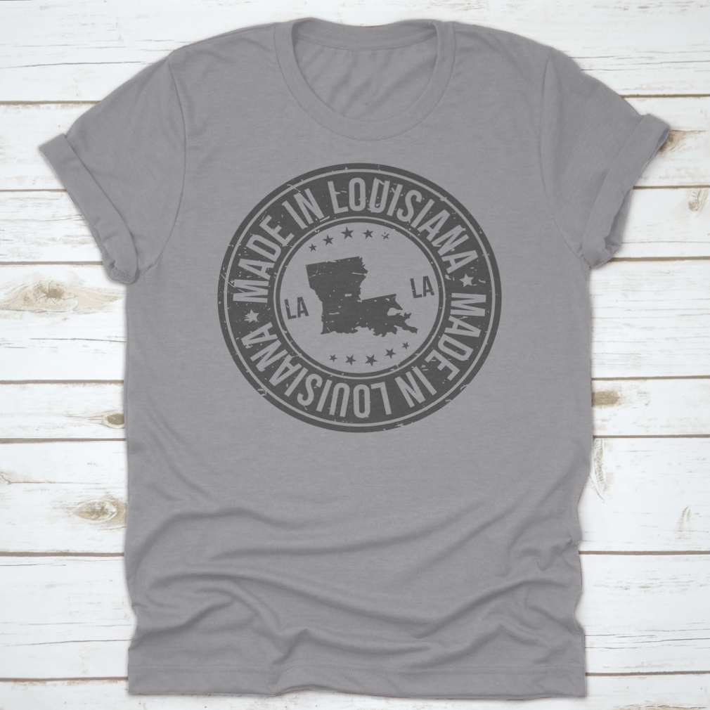 A vintage-style shirt featuring a high-quality stamp design representing Louisiana, made from soft cotton fabric.