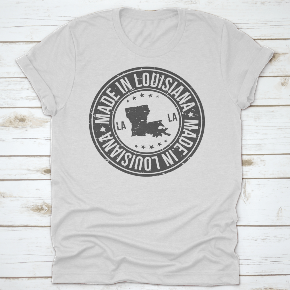 A vintage-style shirt featuring a high-quality stamp design representing Louisiana, made from soft cotton fabric.