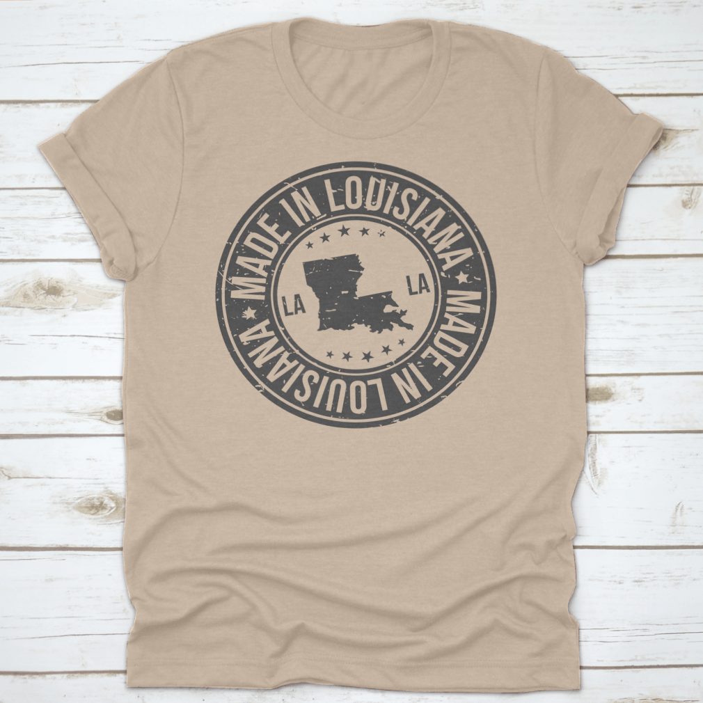 A vintage-style shirt featuring a high-quality stamp design representing Louisiana, made from soft cotton fabric.