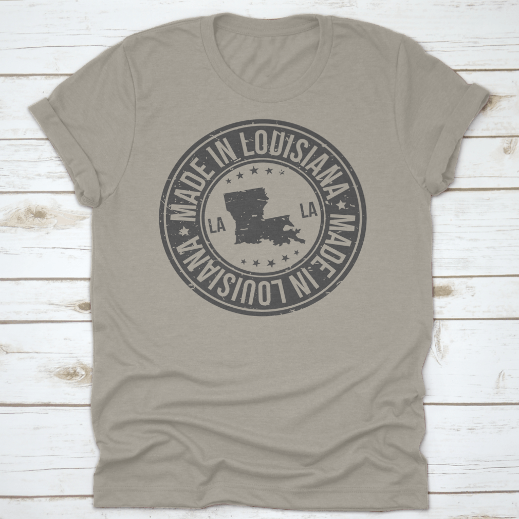 A vintage-style shirt featuring a high-quality stamp design representing Louisiana, made from soft cotton fabric.