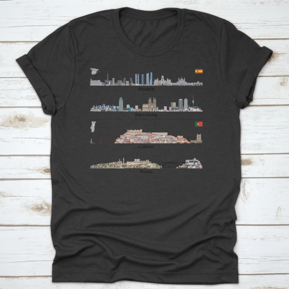 Vector art showcasing the city skylines of Madrid, Barcelona, Lisbon, and Porto, featuring intricate details and iconic landmarks.