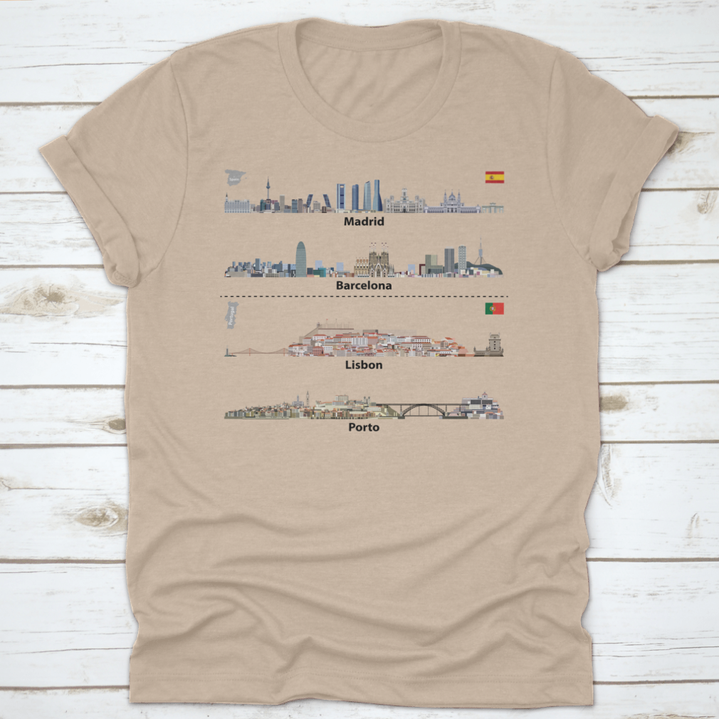 Vector art showcasing the city skylines of Madrid, Barcelona, Lisbon, and Porto, featuring intricate details and iconic landmarks.