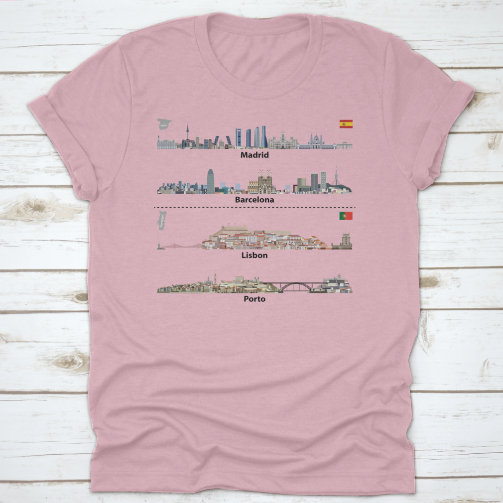 Vector art showcasing the city skylines of Madrid, Barcelona, Lisbon, and Porto, featuring intricate details and iconic landmarks.