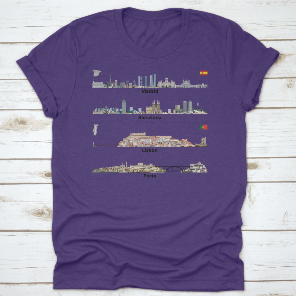 Vector art showcasing the city skylines of Madrid, Barcelona, Lisbon, and Porto, featuring intricate details and iconic landmarks.