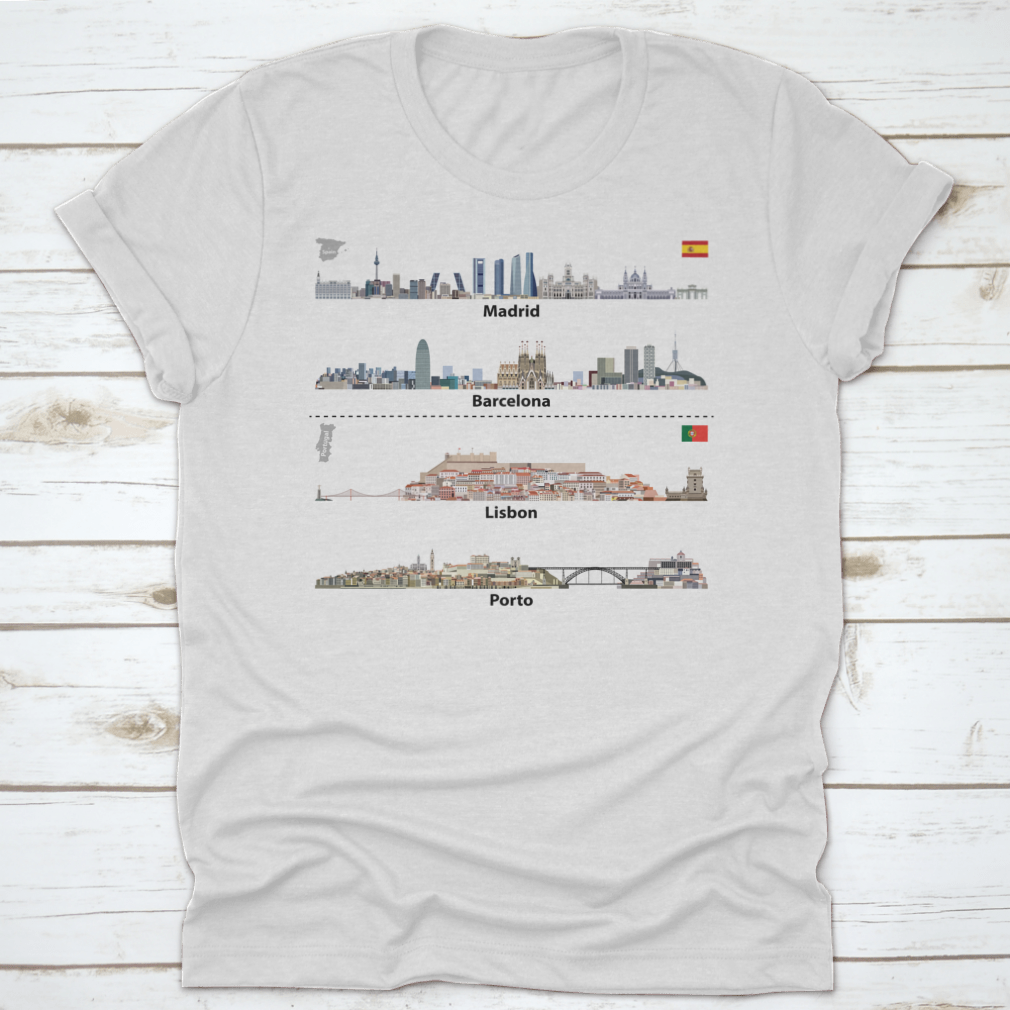 Vector art showcasing the city skylines of Madrid, Barcelona, Lisbon, and Porto, featuring intricate details and iconic landmarks.