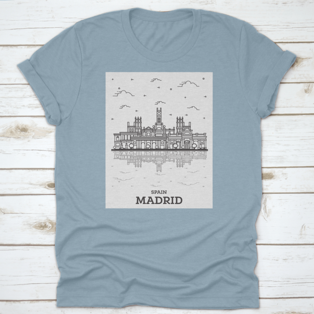 A vibrant depiction of the Madrid skyline featuring historic buildings and reflections, showcasing the beauty of the city.