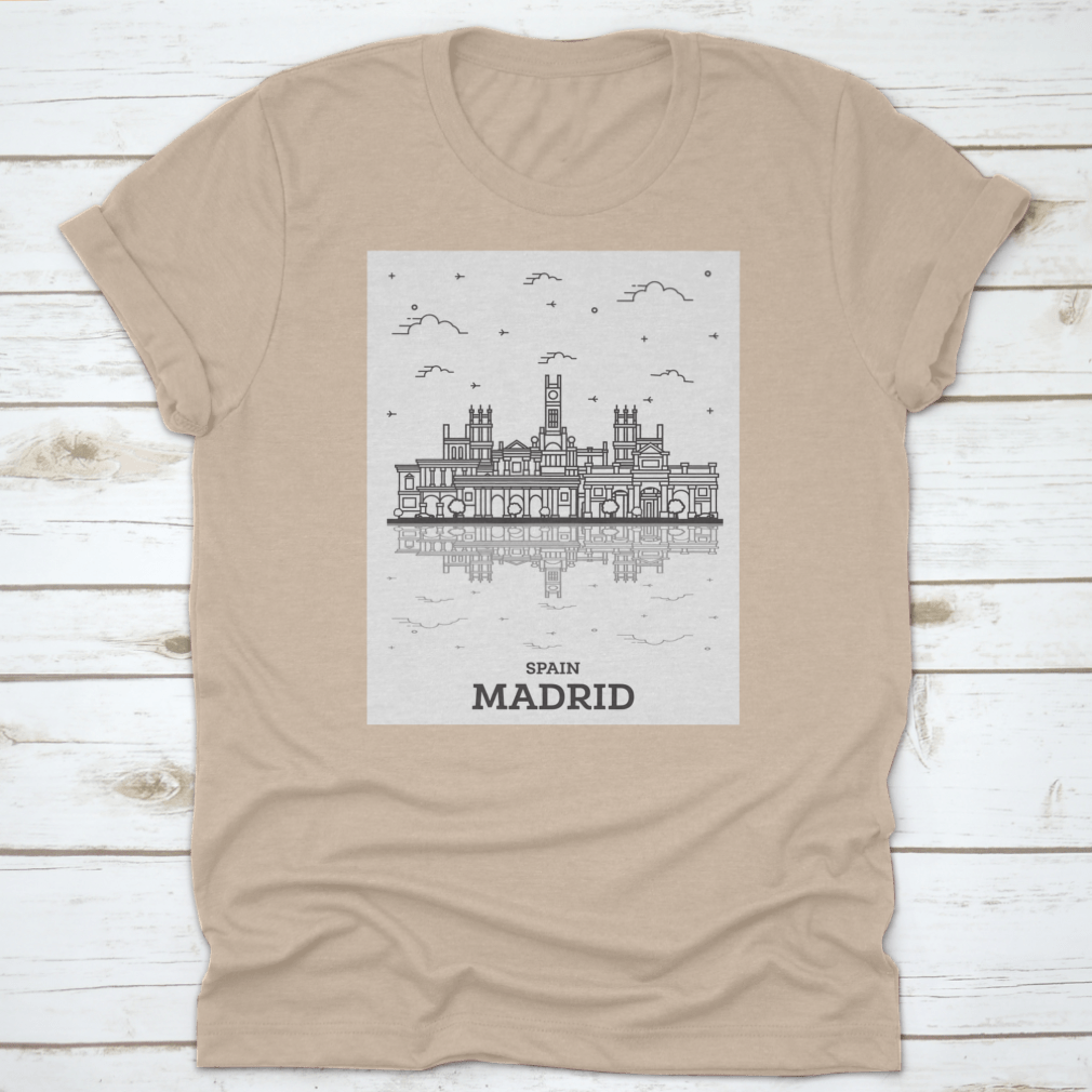 A vibrant depiction of the Madrid skyline featuring historic buildings and reflections, showcasing the beauty of the city.