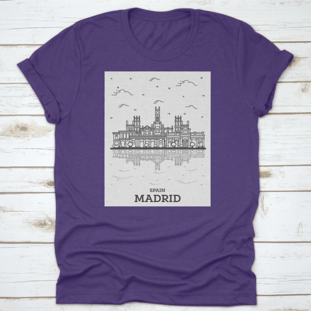 A vibrant depiction of the Madrid skyline featuring historic buildings and reflections, showcasing the beauty of the city.