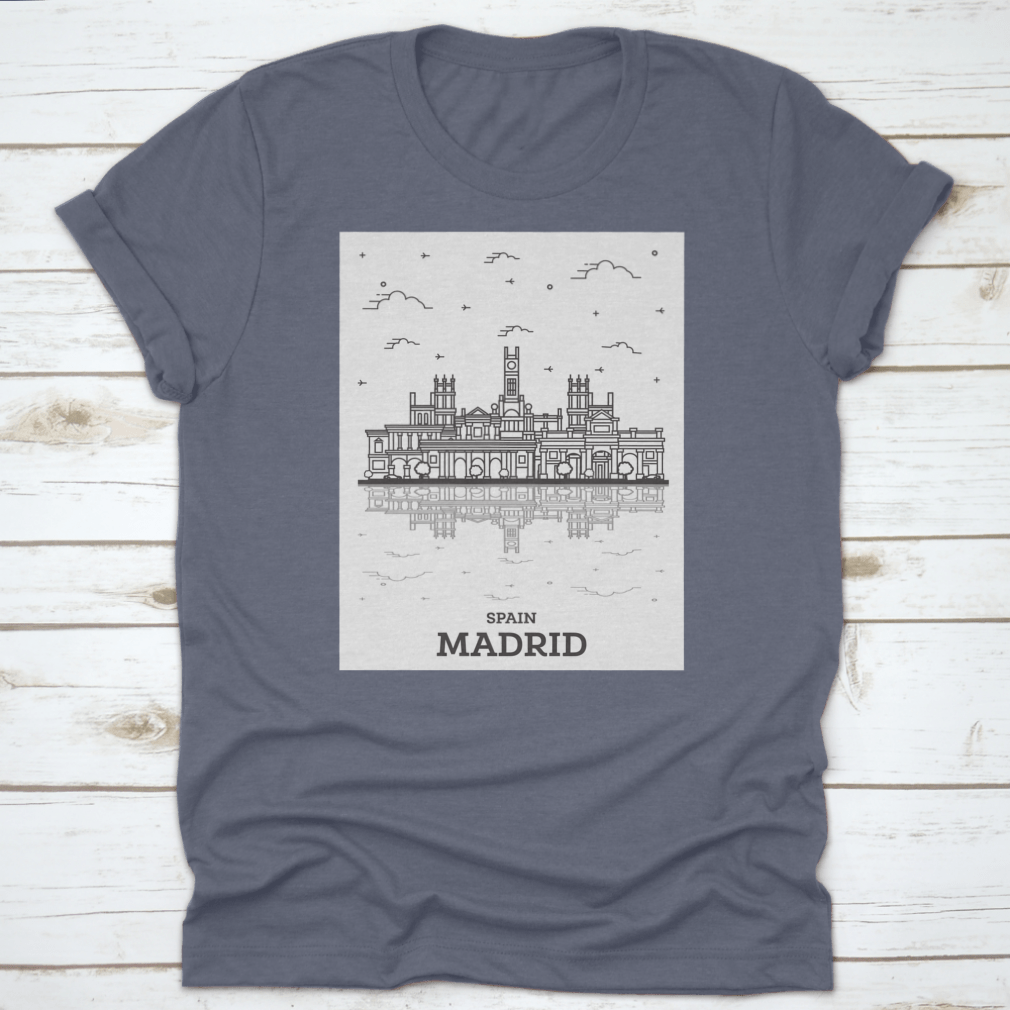 A vibrant depiction of the Madrid skyline featuring historic buildings and reflections, showcasing the beauty of the city.