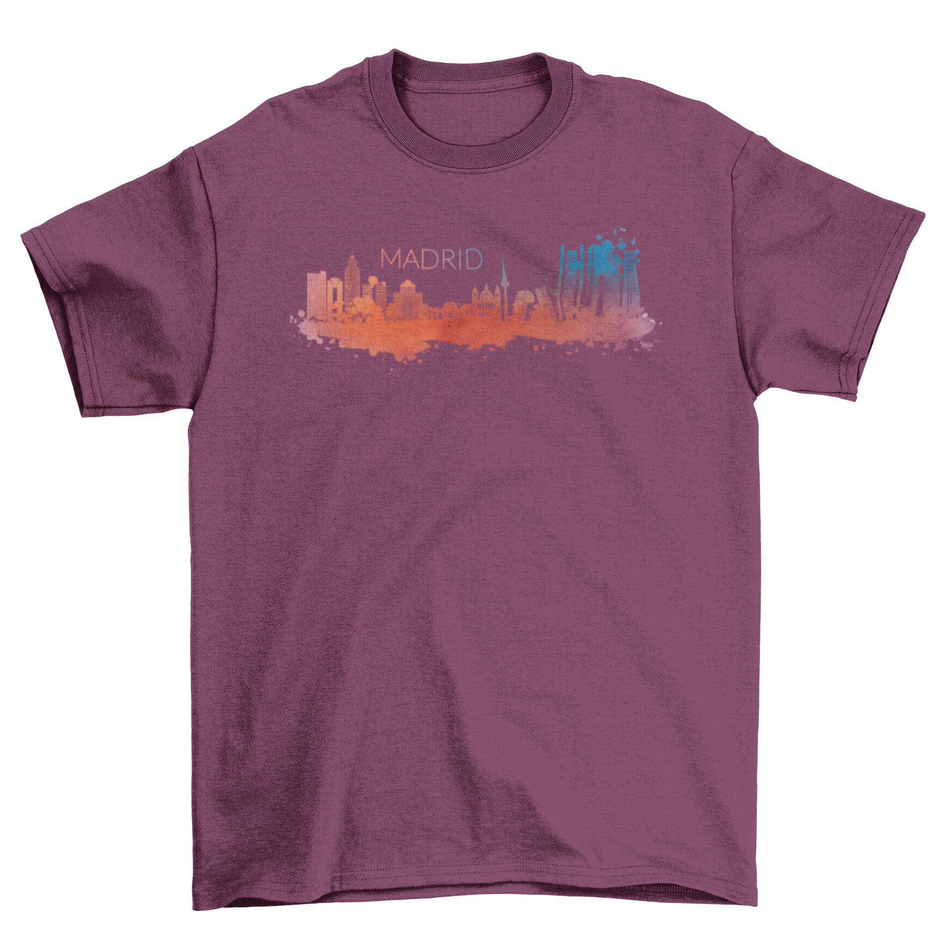 Madrid Watercolor Skyline T-shirt featuring a colorful skyline design and the word MADRID.