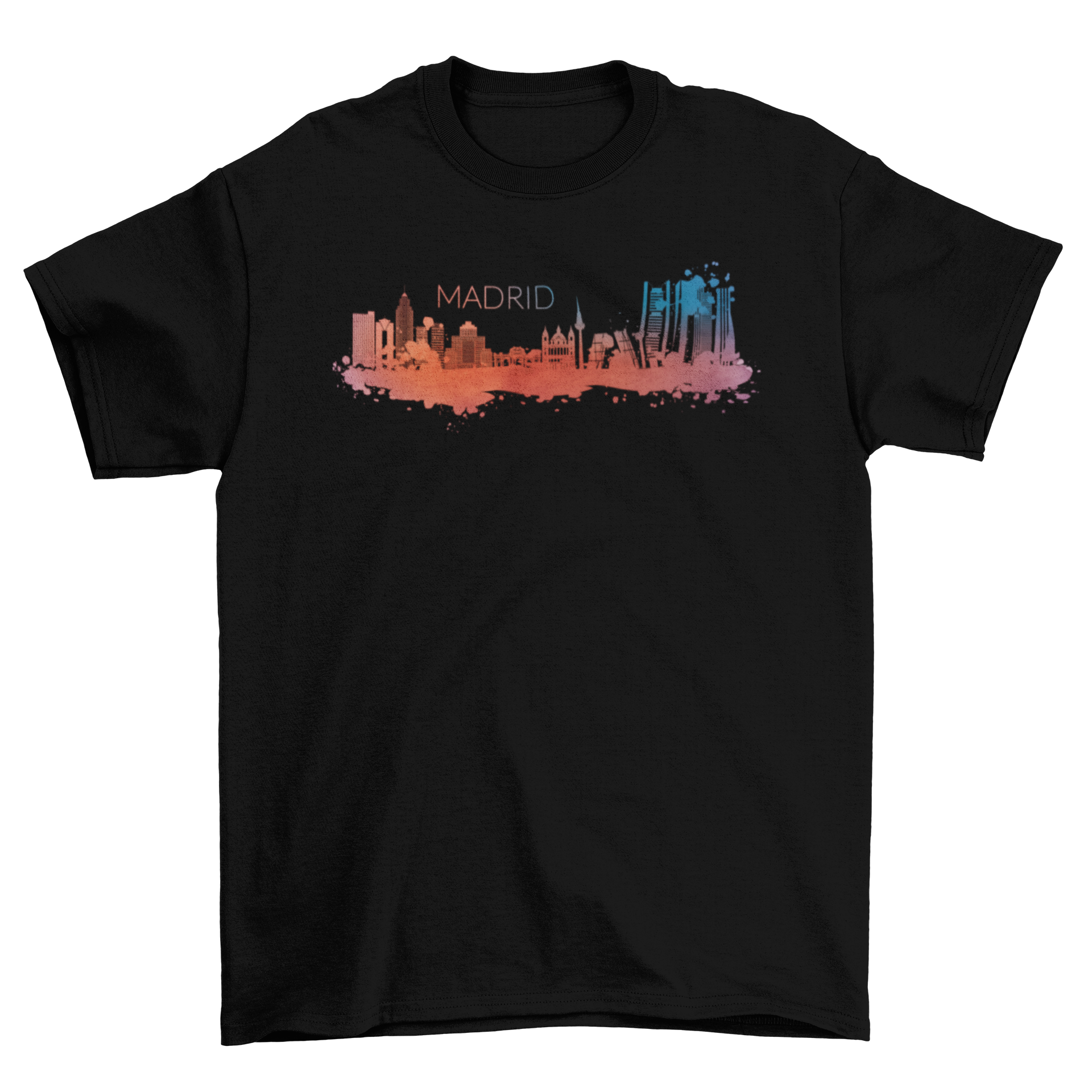 Madrid Watercolor Skyline T-shirt featuring a colorful skyline design and the word MADRID.