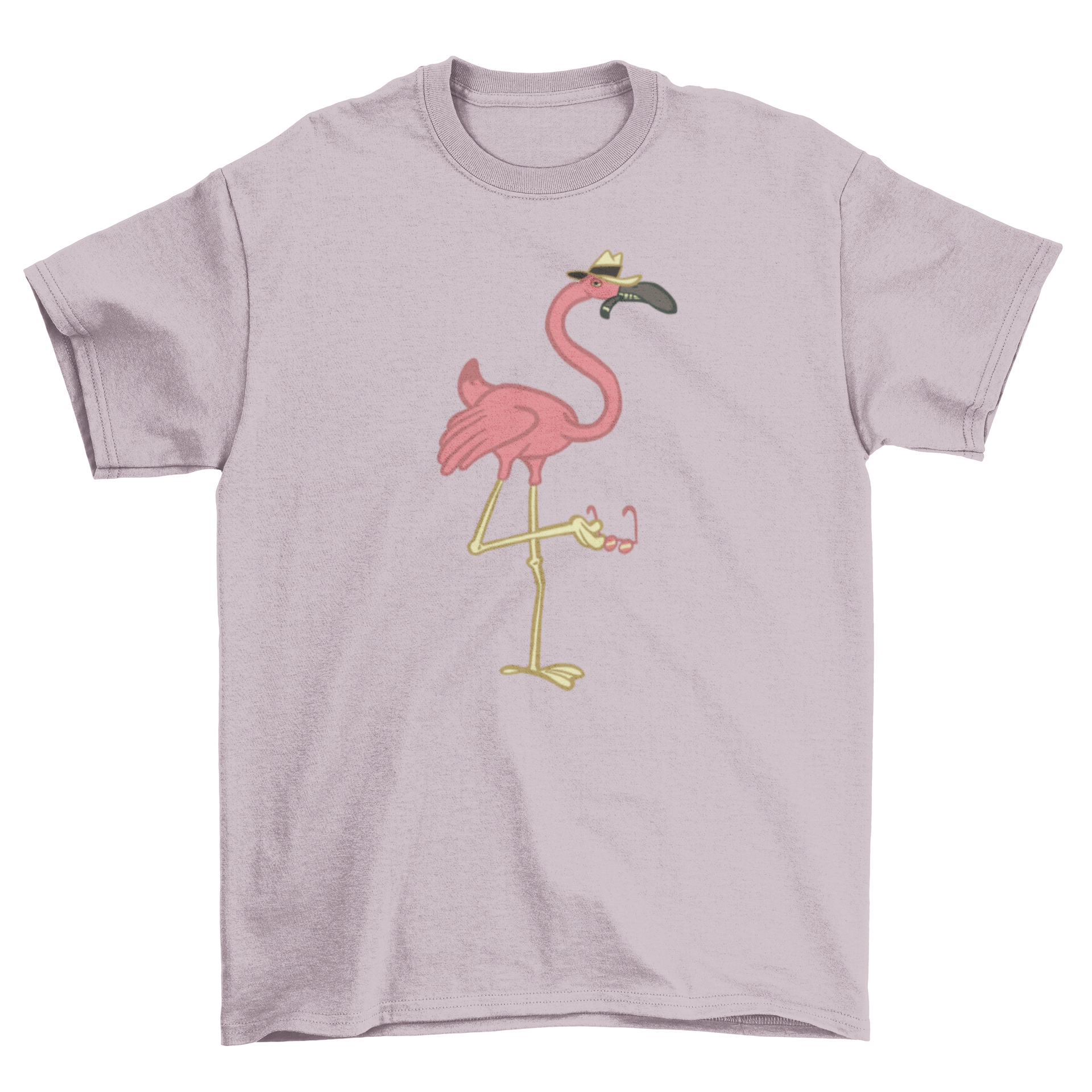 A colorful Mafia Flamingo T-shirt featuring a gangster flamingo holding glasses with its leg, perfect for casual wear.