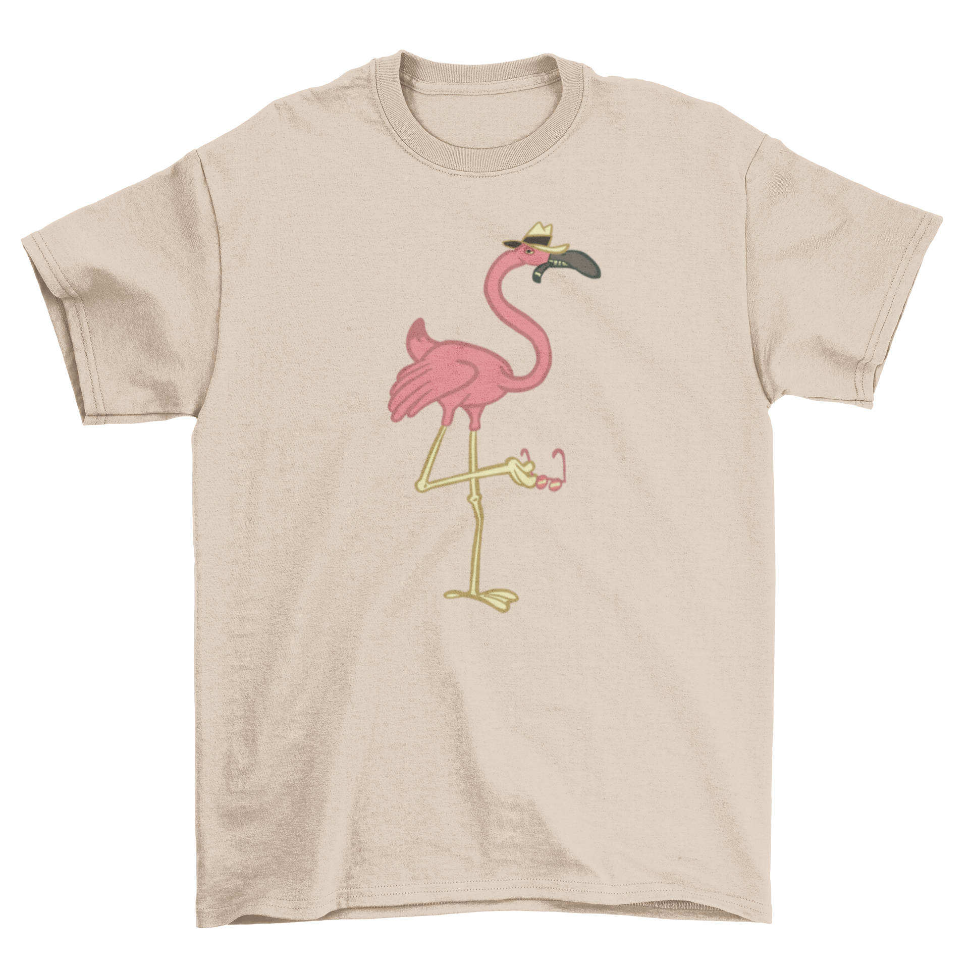 A colorful Mafia Flamingo T-shirt featuring a gangster flamingo holding glasses with its leg, perfect for casual wear.