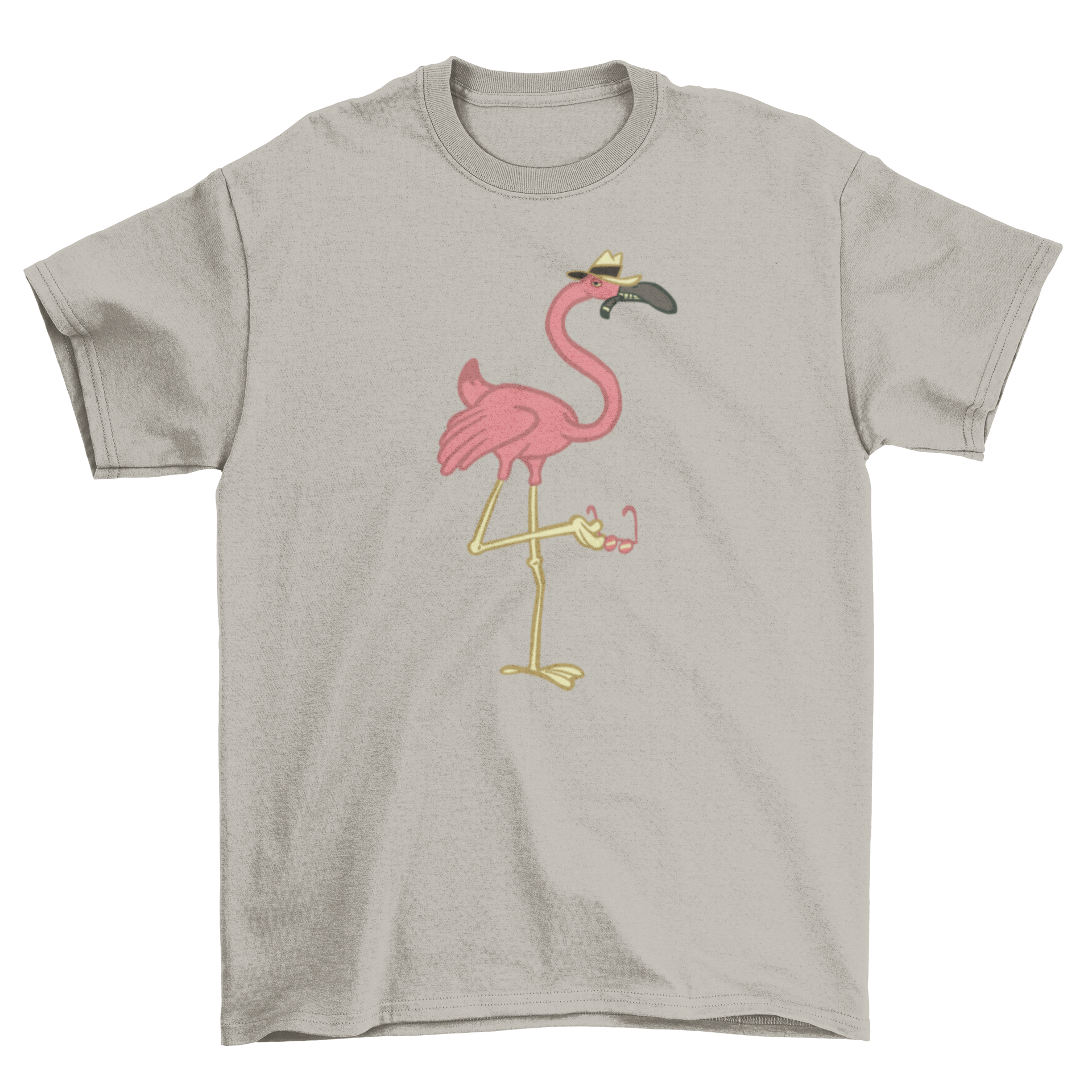 A colorful Mafia Flamingo T-shirt featuring a gangster flamingo holding glasses with its leg, perfect for casual wear.