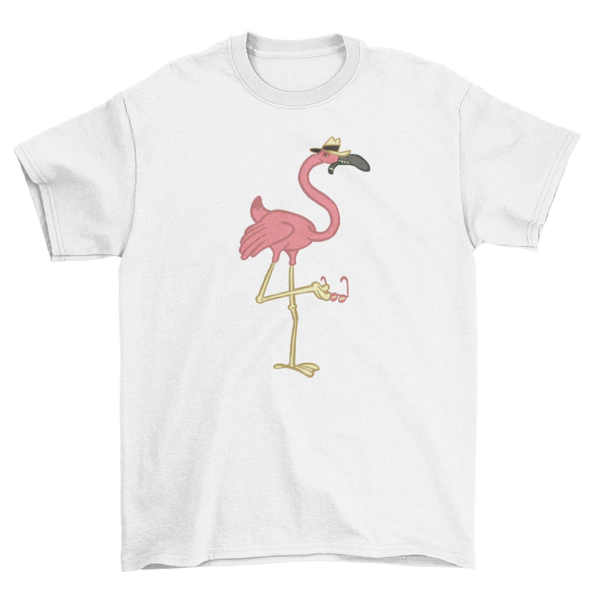 A colorful Mafia Flamingo T-shirt featuring a gangster flamingo holding glasses with its leg, perfect for casual wear.