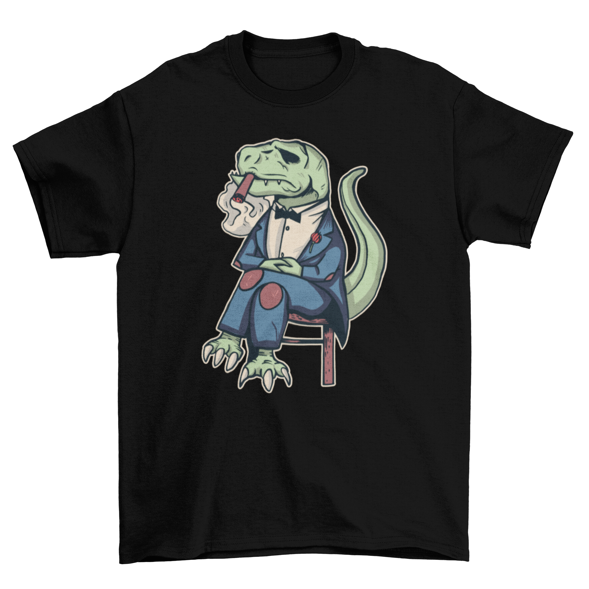 Mafia T-Rex T-Shirt featuring a tyrannosaurus rex smoking a cigar and sitting cross-legged, designed for movie parody fans.