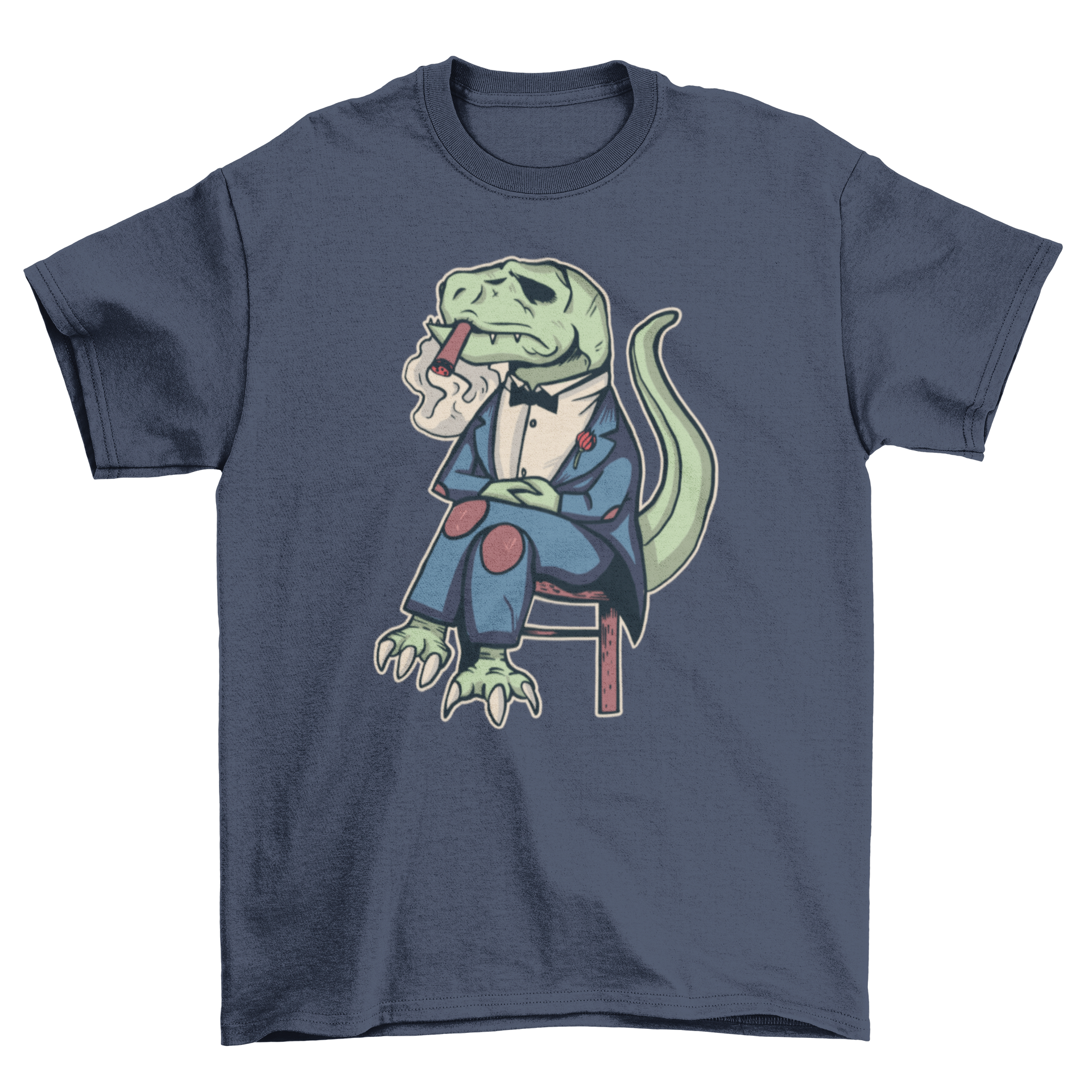 Mafia T-Rex T-Shirt featuring a tyrannosaurus rex smoking a cigar and sitting cross-legged, designed for movie parody fans.