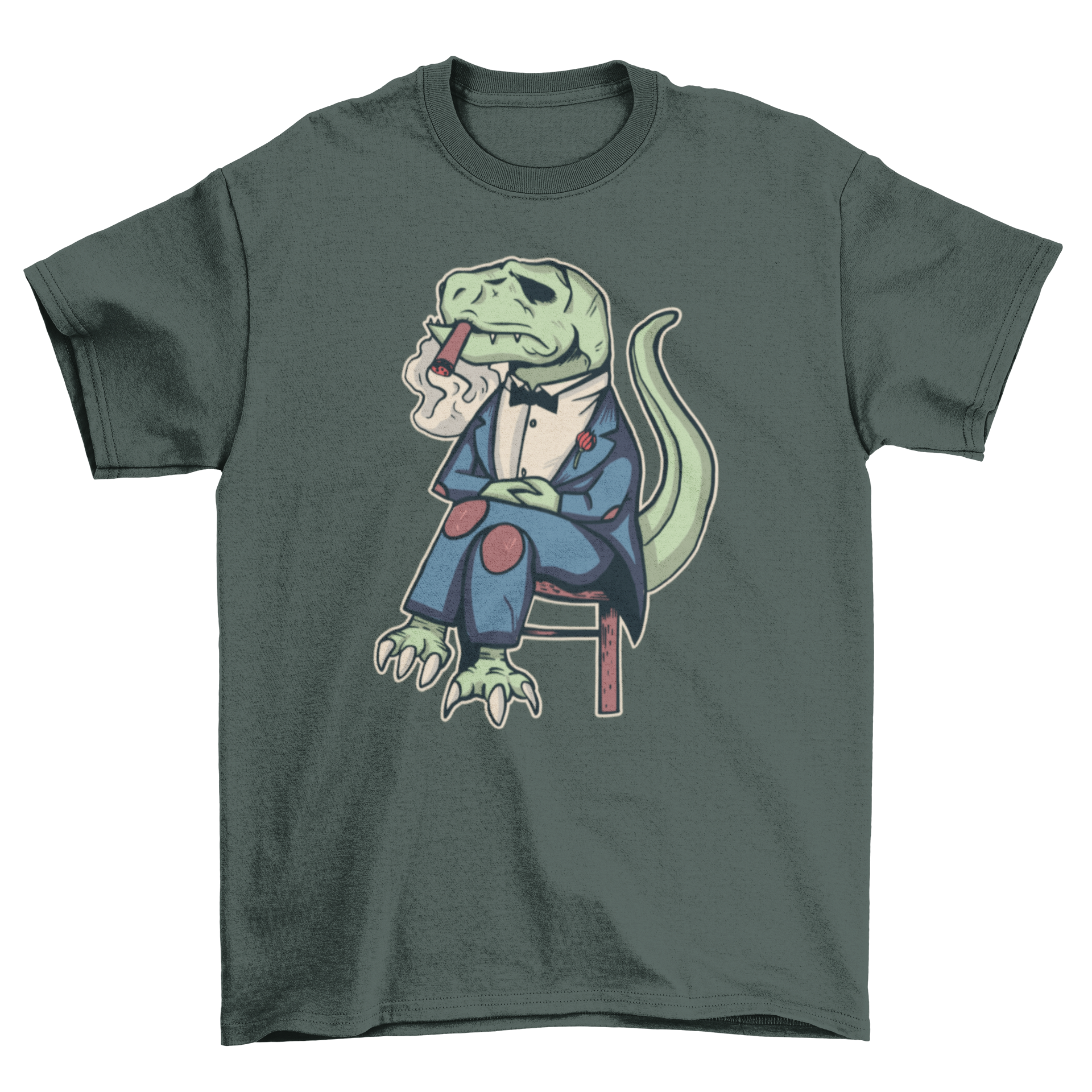 Mafia T-Rex T-Shirt featuring a tyrannosaurus rex smoking a cigar and sitting cross-legged, designed for movie parody fans.