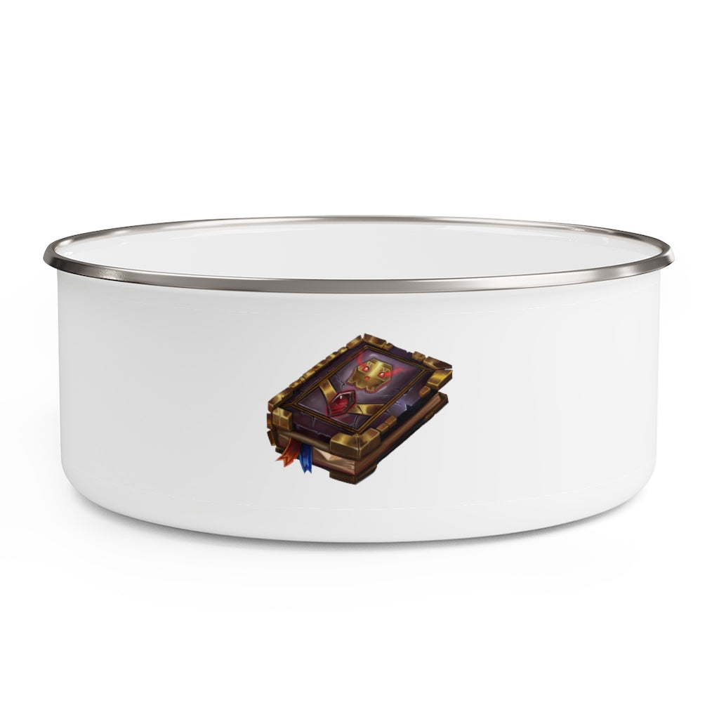 Magic Book Enamel Bowl featuring a stylish print, translucent lid, and anti-slip backing, available in three sizes.