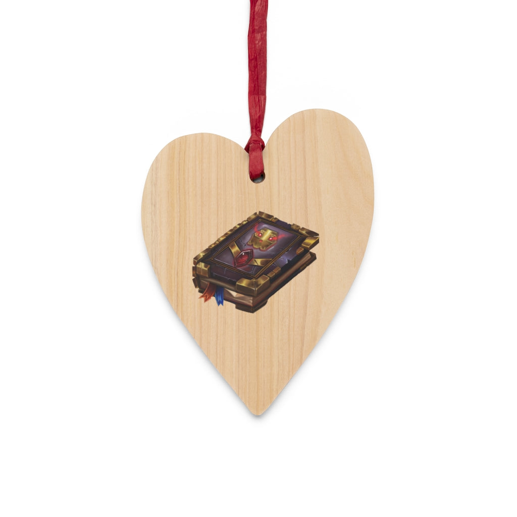 A collection of Magic Book Wooden Christmas Ornaments in various whimsical shapes, featuring a rustic wooden finish and red ribbons for hanging.