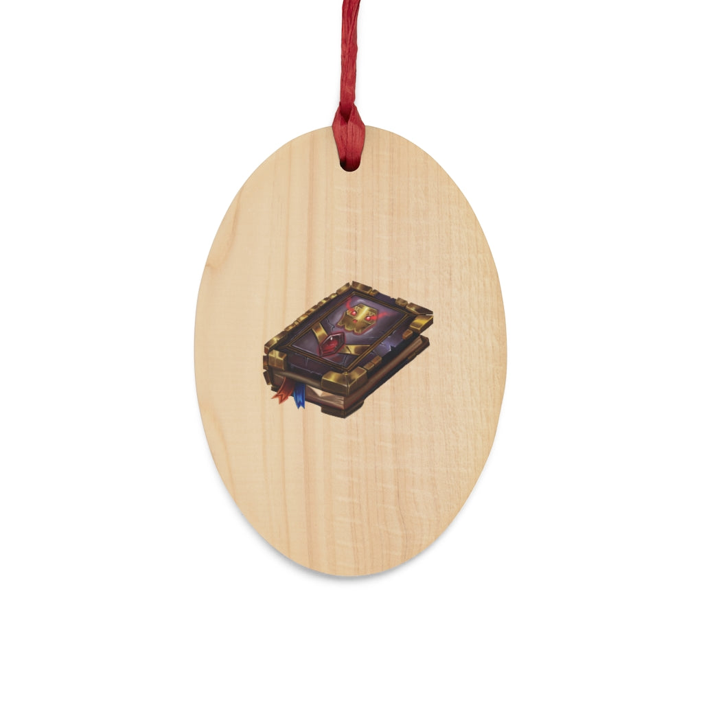 A collection of Magic Book Wooden Christmas Ornaments in various whimsical shapes, featuring a rustic wooden finish and red ribbons for hanging.